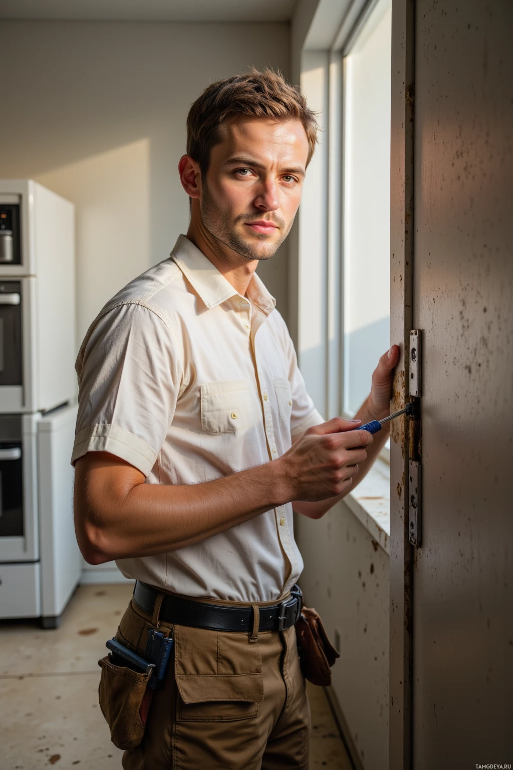 Realistic high quality photo. A 35‑year‑old man with short light brown hair, blue eyes, wearing a slightly worn white collared shirt and durable work pants, tightening a rusted hinge on a kitchen door with a screwdriver in a plain morning‑lit kitchen with concrete floor and simple appliances.