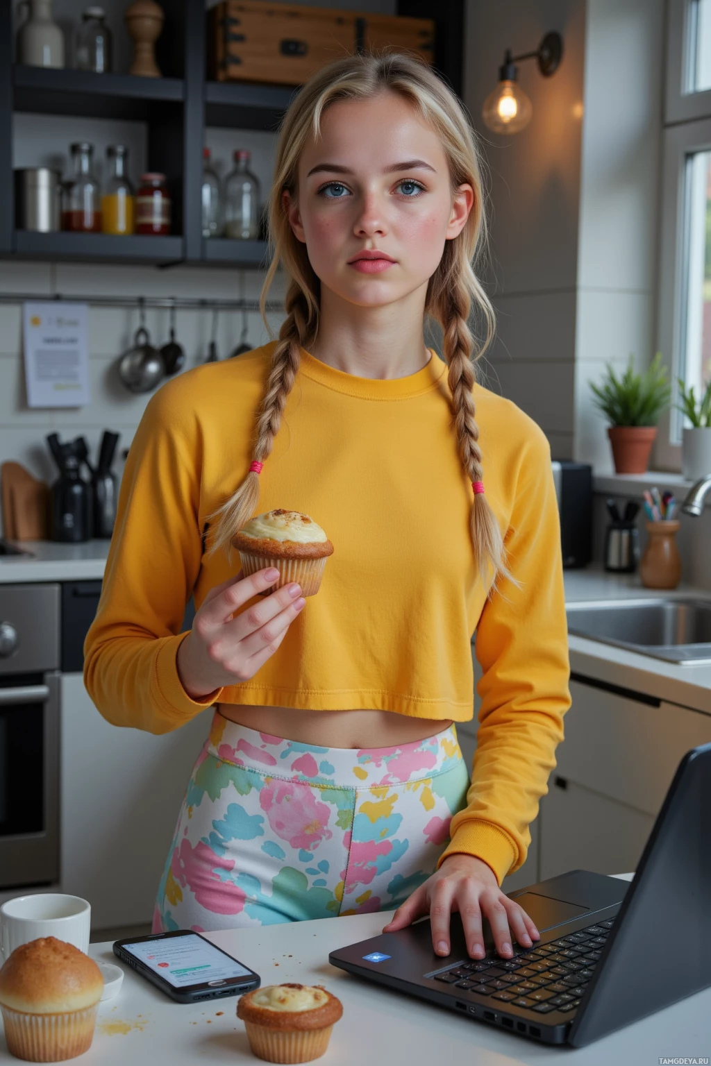 Realistic high quality photo. A young woman, 23, with braided blonde hair, bright blue eyes, fair skin, wearing a vibrant yellow crop top, pastel-patterned leggings, and white sneakers with pink laces, stands in a cluttered modern kitchen at night, holding a burnt cupcake while arranging a chaotic color‑coded spreadsheet on her laptop screen and a phone with notes, her expression a mix of frantic optimism and determination.