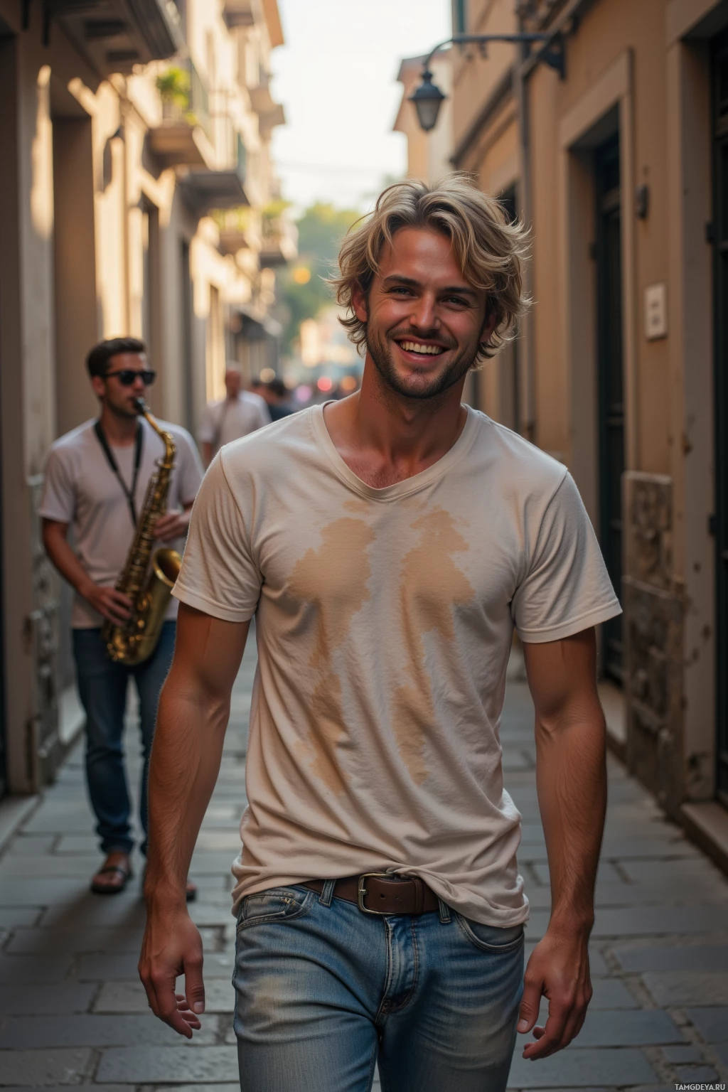 Realistic high quality photo. A 22-year-old man with messy blonde hair, bright blue eyes, light complexion, wearing a faded T-shirt and loose jeans, laughing and walking through a sunlit alley while a saxophonist plays, late afternoon light filtering through narrow walls creating a spontaneous street jam vibe.