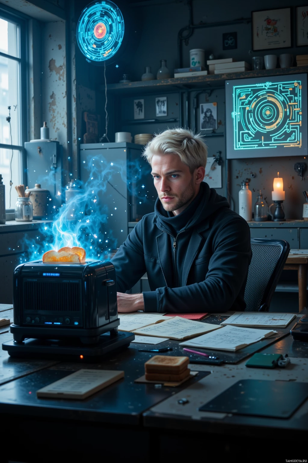 Realistic high quality photo. Male, 27, short platinum blonde hair, bright blue eyes, wearing sleek minimalist high‑tech black techwear with sharp, clean lines, sits at a cluttered futuristic desk in a dimly lit laboratory, surrounded by holographic projections of an 8‑layer maze and cryptic sketchboards, while a glitching toaster emits toast and flickering code, his focused expression reflecting cold logic and cryptic humor.