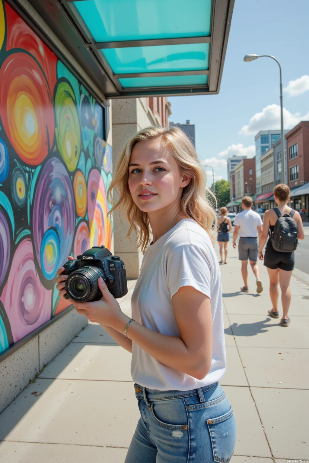 Realistic high quality photo. A 23‑year‑old woman with curly blonde hair, bright blue eyes, wearing casual stylish jeans and a white t‑shirt, filming a colorful bus‑stop mural with a handheld camera while smiling performatively as a few pedestrians pass by on a sunny midday city sidewalk.