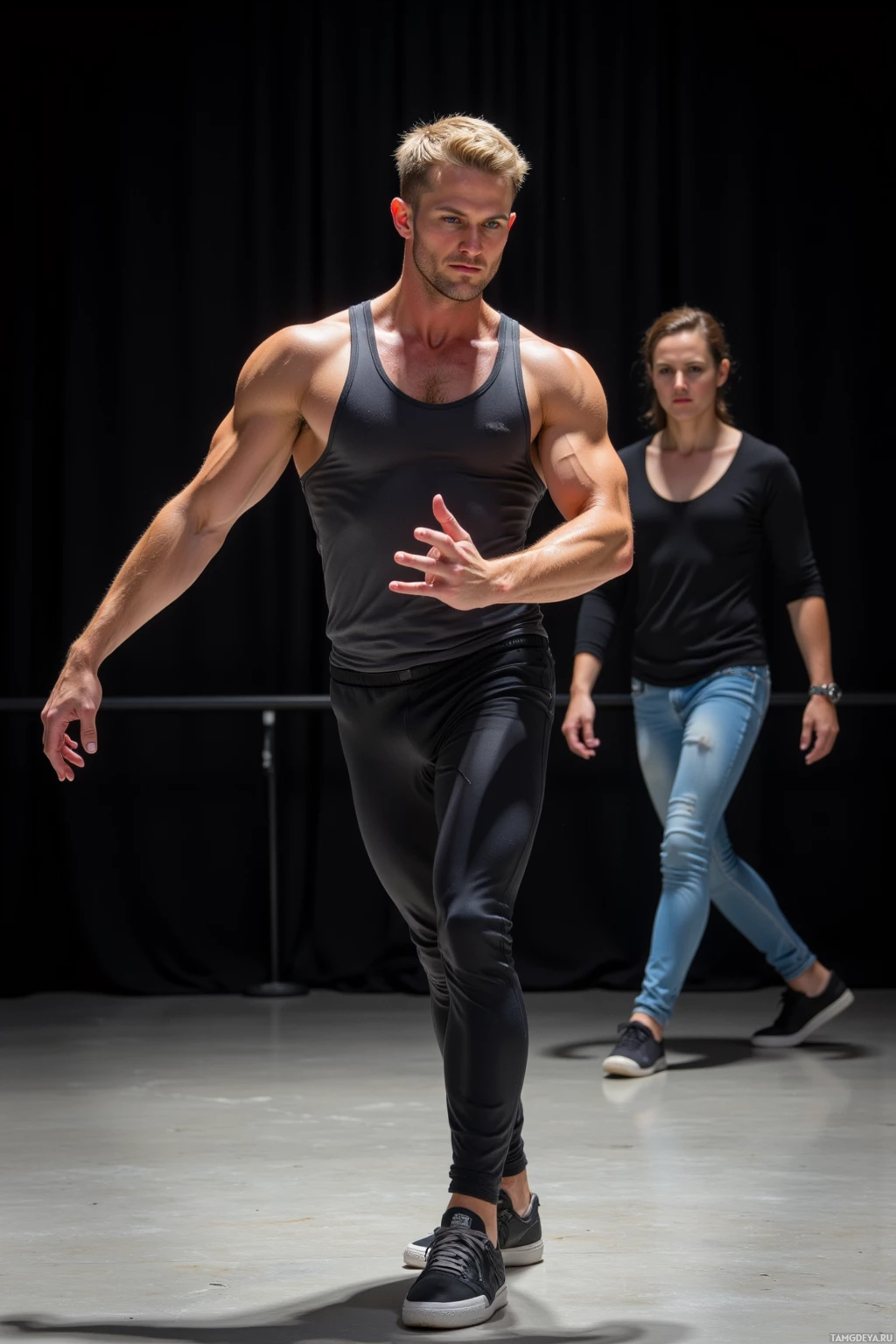 Realistic high quality photo. Athletic 29‑year‑old male dancer with short blonde hair, blue eyes, pale skin, wearing track pants, a fitted top and sneakers, practicing late in a quiet dance studio, twisting and extending his joints in a new fusion routine while a coach offers sharp critique, the floor subtly illuminated, his expression tense yet a playful grin appears as the beat slows.