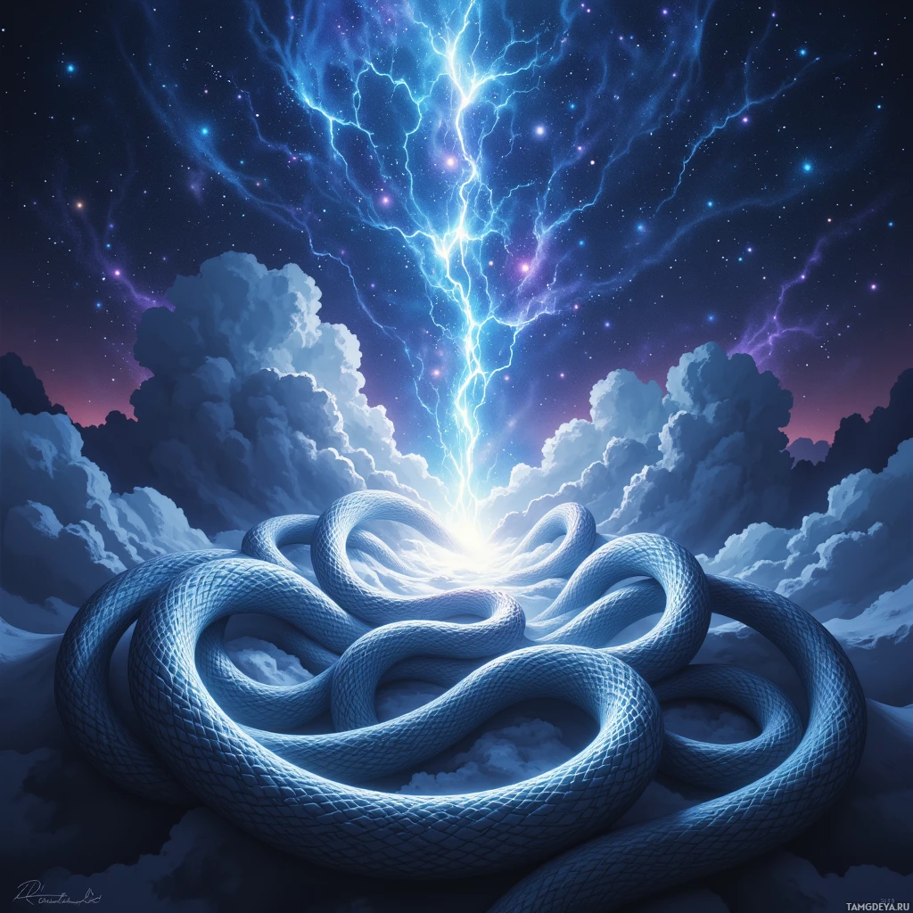 Semi-abstract image with many empty light space at center of beautiful background, that is suitable for the post:  The cosmos curls like a silver serpent, its pulse echoing hidden arithmetic beneath velvet stars.