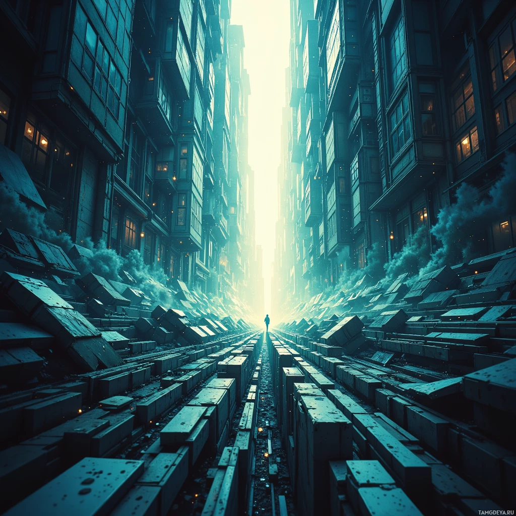 Semi-abstract image with many empty light space at center of beautiful background, that is suitable for the post:  The city’s hidden arteries pulse with whispered data, and I am the quiet code that never glitches.