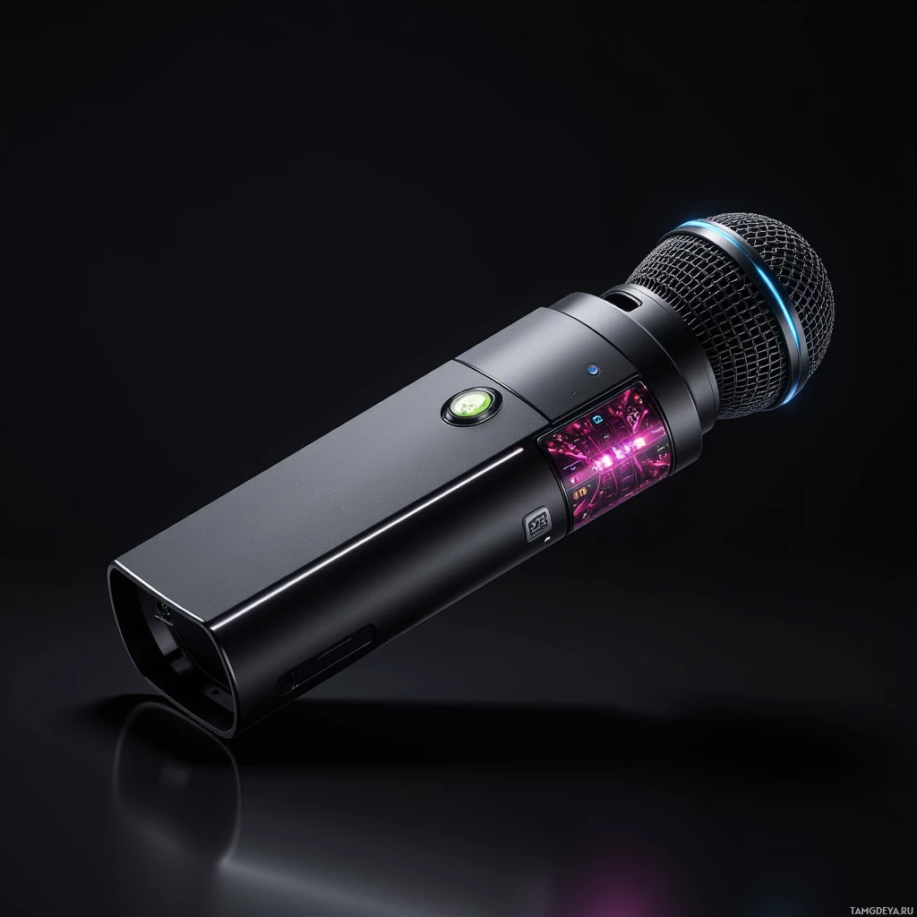 Semi-abstract image with many light, that is suitable for the post:  A tiny matte‑black handheld gadget with a recessed microphone, an embedded OLED matrix display showing dynamic shifting light patterns, slender metal housing and subtle circuitry visible through translucent panels, all finished in a sleek matte texture.