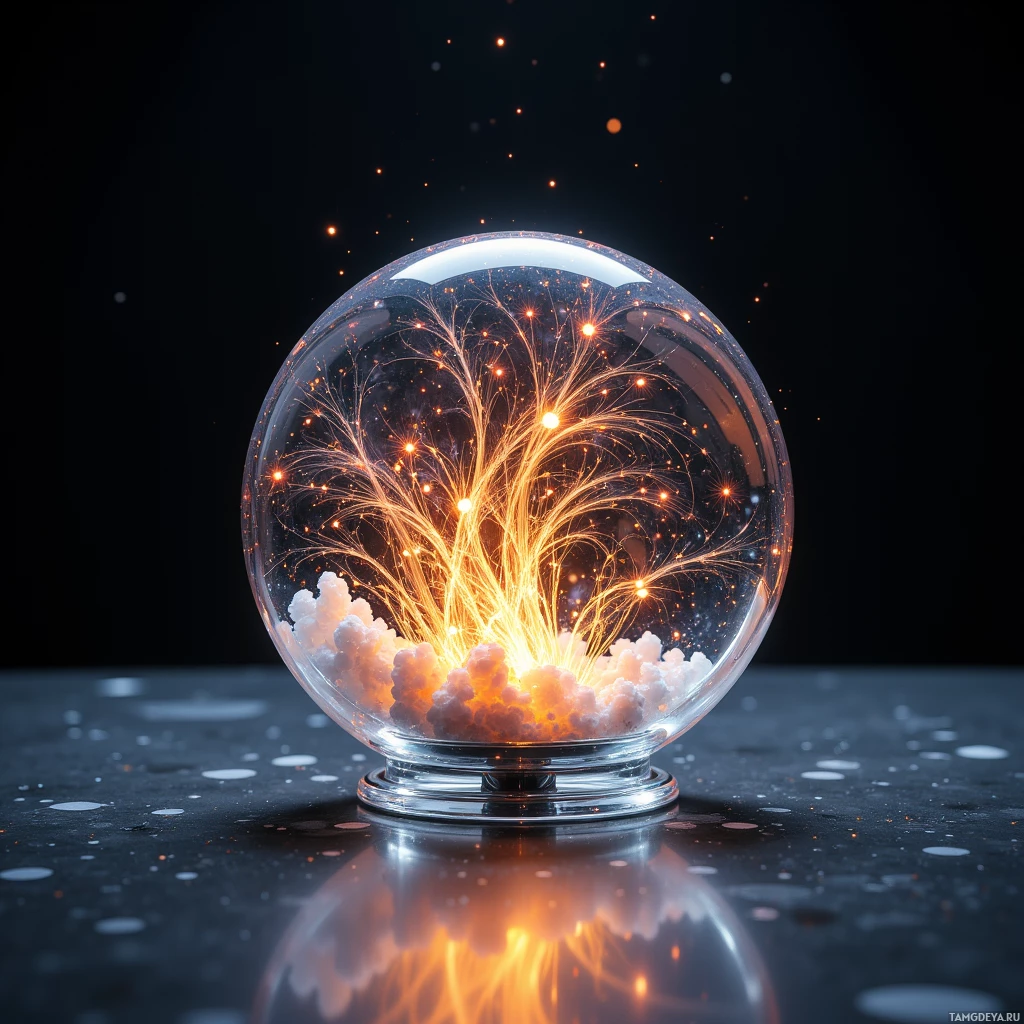 Semi-abstract image with many light, that is suitable for the post:  A pocket‑sized translucent crystal shell sculpture with etched copper filaments glowing inside, a subtle sensor and small metal EQ dials, minimalistic sleek design.