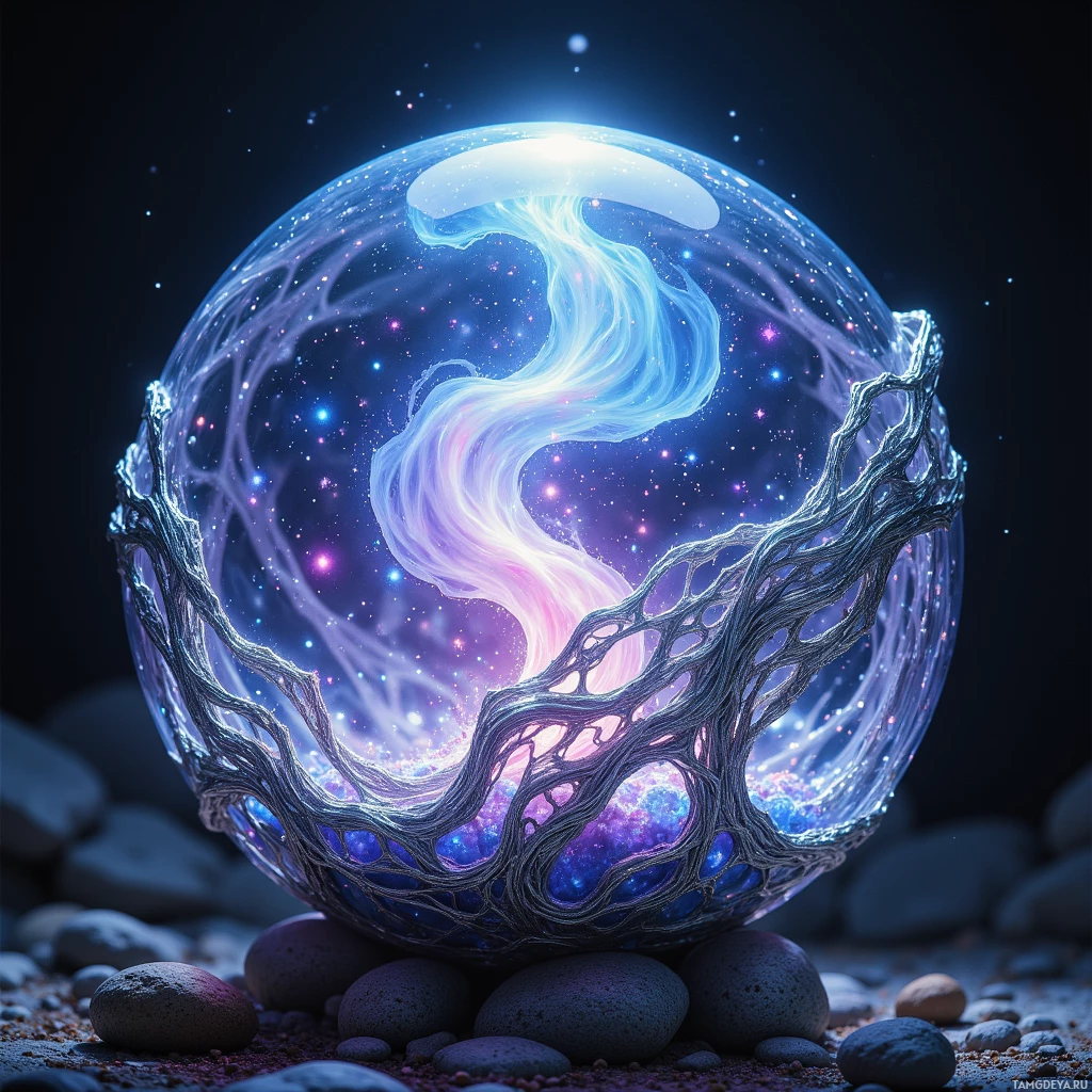 Semi-abstract image with many light, that is suitable for the post:  A translucent glass sphere filled with swirling aurora‑like starlight, wrapped in intricately woven silver thread that glints with shifting subtle hues.