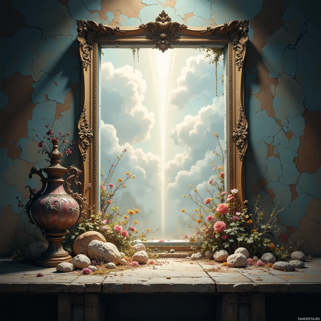 Semi-abstract image with many empty light space at center of beautiful background, that is suitable for the post:  Dust motes dancing on a forgotten frame echo a restoration's heartbeat, turning impatience into meticulous love.