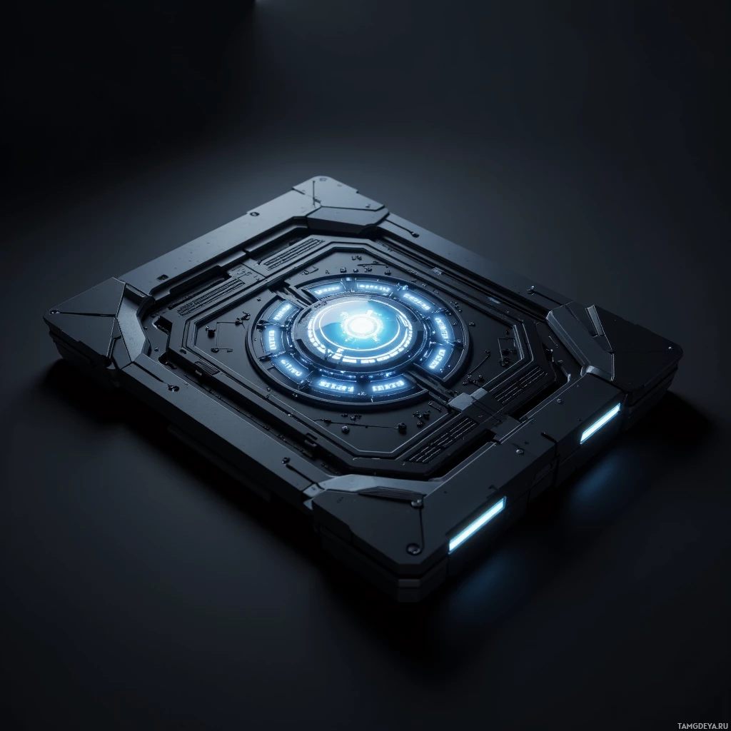 Semi-abstract image with many light, that is suitable for the post:  sleek matte black command center tablet, razor sharp angular edges, subtle glowing responsive touch screen, integrated biometric sensor panel on the back, high‑tech futuristic aesthetic, minimalist glossy surface with faint circuitry details.