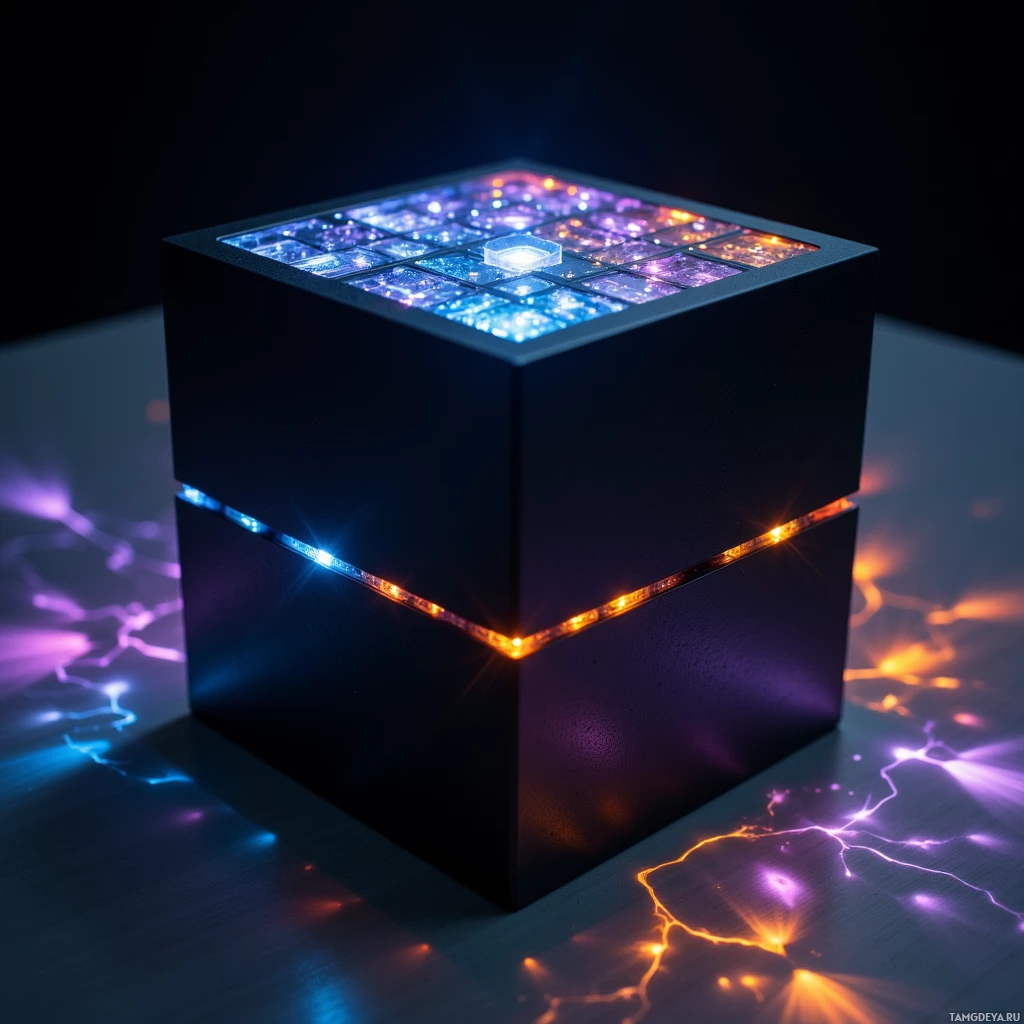 Semi-abstract image with many light, that is suitable for the post:  Slim matte black cube with sleek edges, tiny translucent sensor panels glowing in shifting blue, amber, and violet, projecting an ethereal luminous weighted graph score across its polished surface.