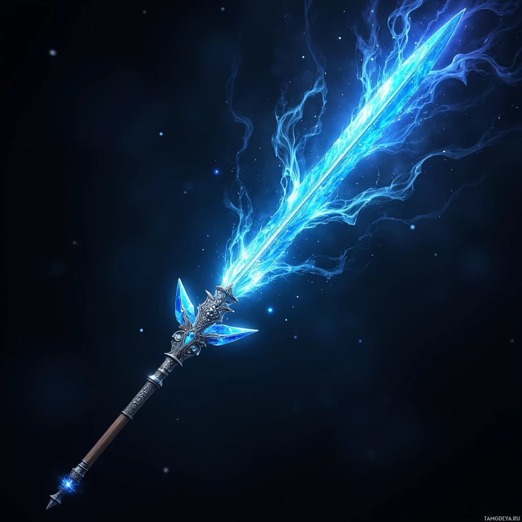 Semi-abstract image with many light, that is suitable for the post:  A spear with a heartwood oak shaft, a translucent blue glass blade flickering like a dying sun's last breath, a polished silver haft etched with hidden rune patterns that glow, and a luminous tip swirling with ethereal spirit energy.