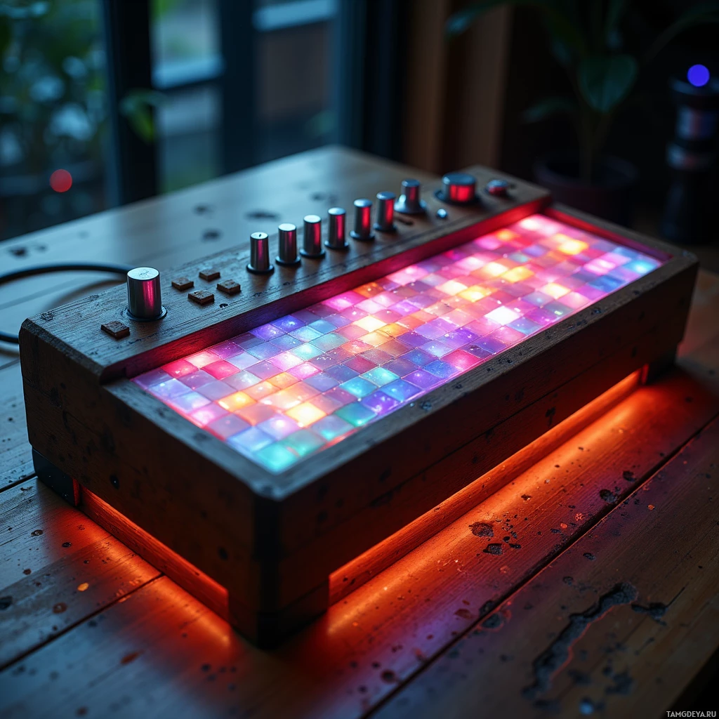 Semi-abstract image with many light, that is suitable for the post:  61‑key synth carved from reclaimed cedar, translucent glass face glowing in microtonal hues, minimalist sleek design.