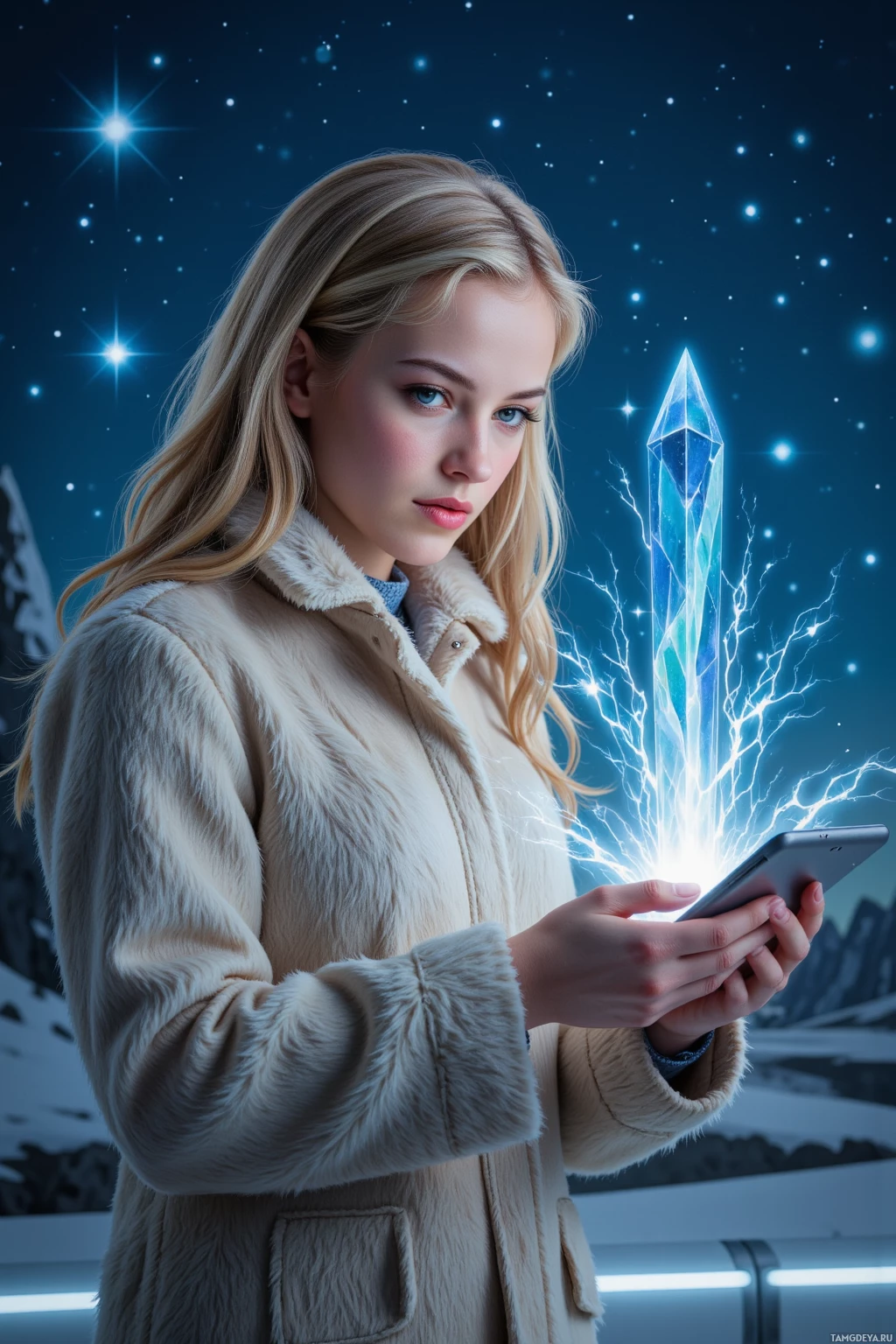 Realistic high quality photo. 30-year-old woman with long curly blonde hair and blue eyes, fair skin, wearing a feather-patterned coat, holding a tablet, standing on a sleek metallic platform beneath a night sky studded with crystalline quantum lattice stars, aligning a glowing lattice key with a prism amid softly pulsing encrypted data streams.