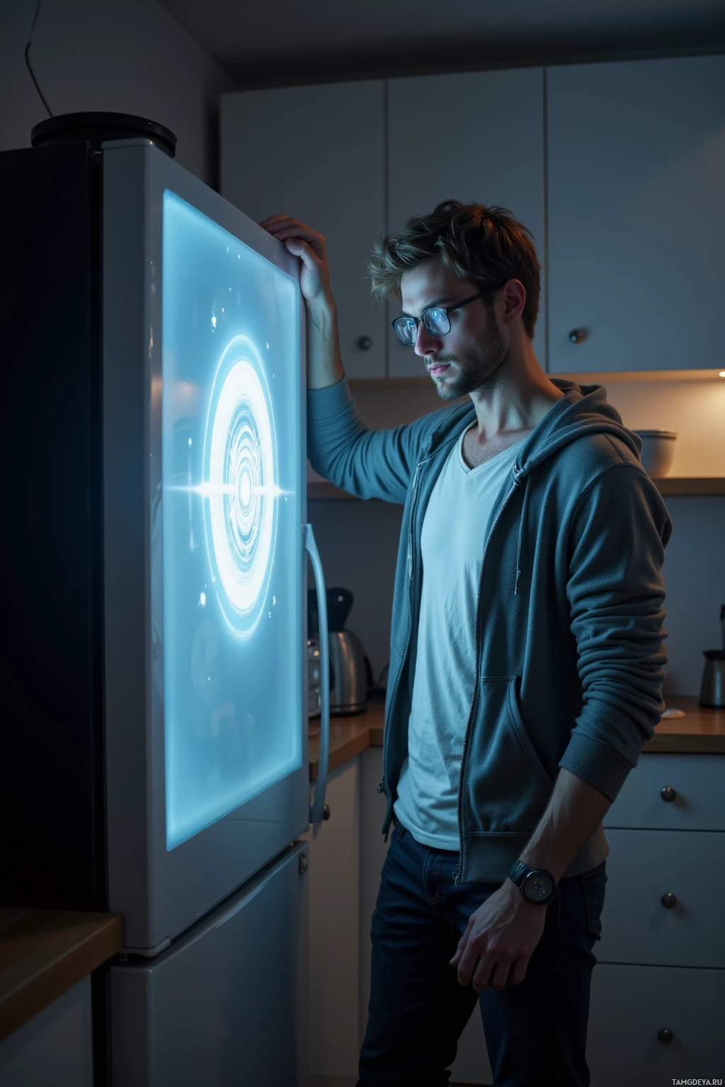 Realistic high quality photo. A 31‑year‑old man with messy light brown hair, blue eyes behind thick‑rimmed glasses, pale skin, wearing a grey hoodie over a white T‑shirt and dark jeans, stands in a dimly lit kitchen debugging a sleek smart fridge that projects a glowing alien glyph on its glass panel while his left wrist rests on the counter, surrounded by subtle electric hums from kitchen appliances.
