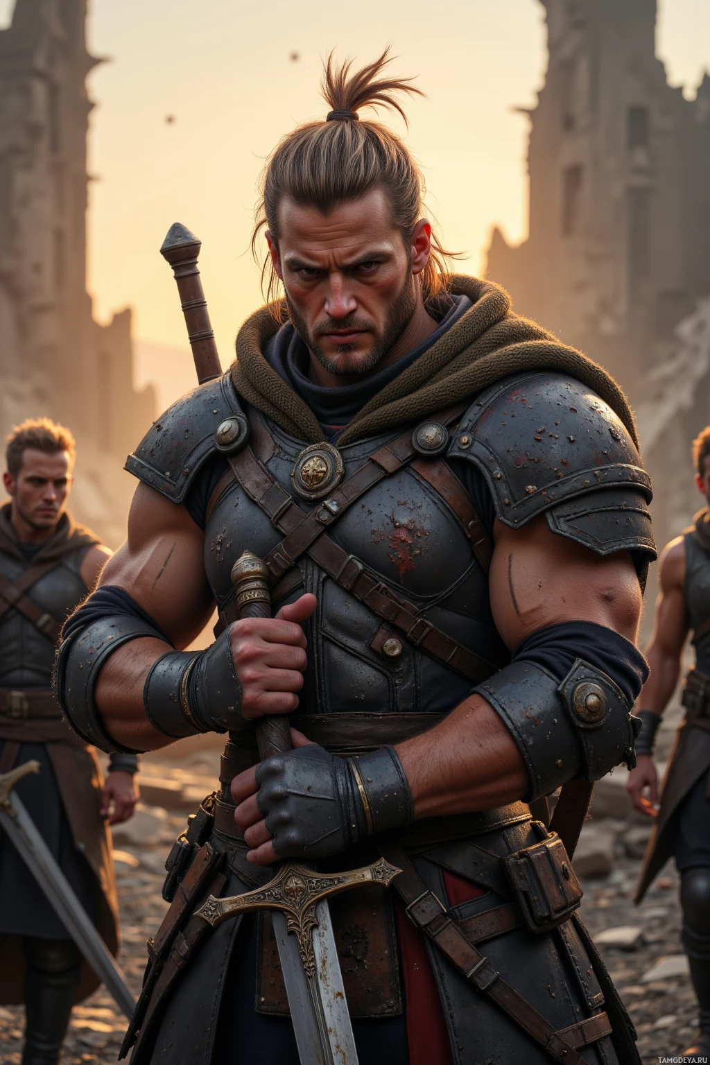Realistic high quality photo. A tall, muscular male warrior, 40, with blonde hair in a rough ponytail, piercing red eyes, battle scars, dark armor and exposed hands, polishing a gleaming blade in a ruined post‑apocalyptic city at sunrise, wind whipping through broken towers as his ragtag crew waits in the background for the next kill.