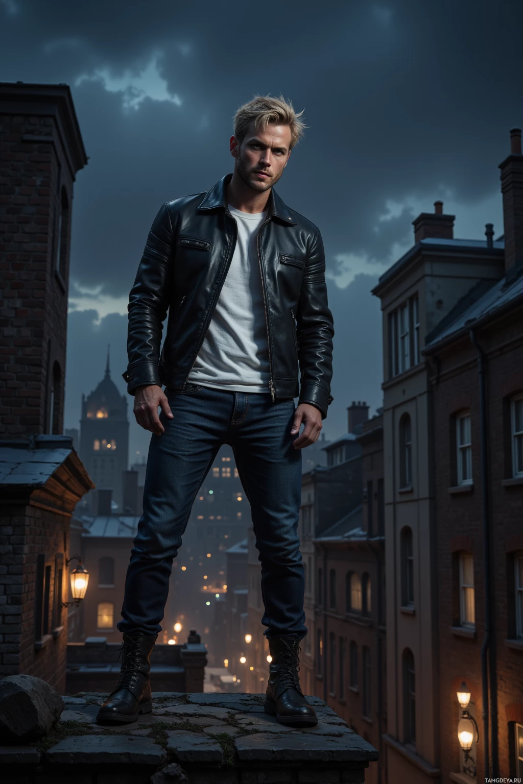 Realistic high quality photo. A rugged tall man in his early 30s with messy blonde hair, intense blue eyes, wearing a black leather jacket over a white shirt, jeans, and biker boots, poised on the edge of an old warehouse roof at midnight, staring down a dark alley and ready to jump, exuding rebellious confidence and fierce loyalty.