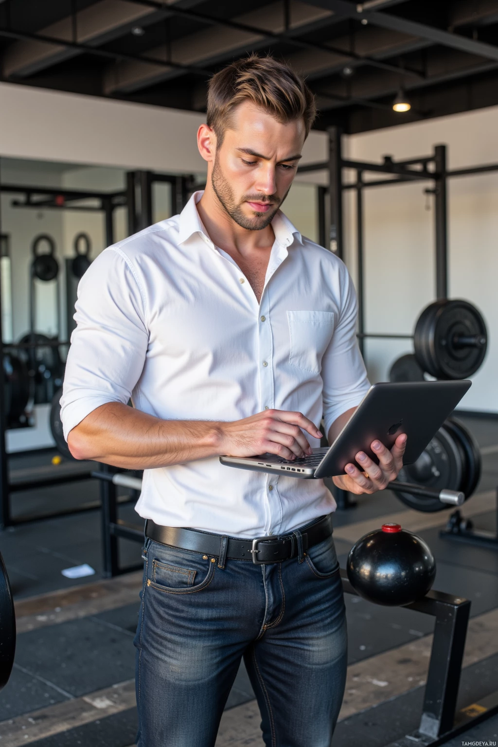 Realistic high quality photo. 27-year-old male with short light brown hair, blue eyes, wearing a fitted white shirt and dark jeans, standing in a contemporary gym with polished concrete floor and steel equipment, holding a kettlebell while a barbell with plates rests on a rack, checking a diet spreadsheet on a laptop, nodding with a focused expression, midday natural light.