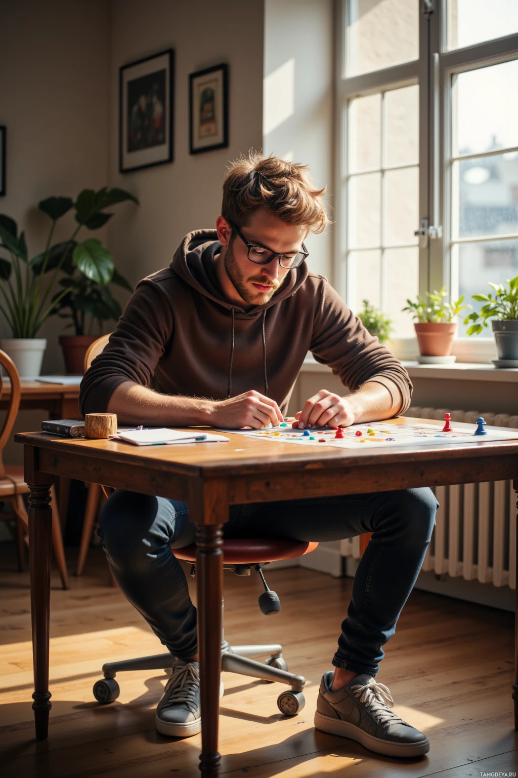 Realistic high quality photo. A 30‑year‑old man with light brown messy hair and blue eyes, wearing a casual brown hoodie, dark jeans, sneakers, and thin‑rimmed smart glasses, sits at a wooden desk in a sunlit apartment, hunched over a board game with a single elegant line of tokens, concentrating intensely on manipulating pieces under afternoon light.