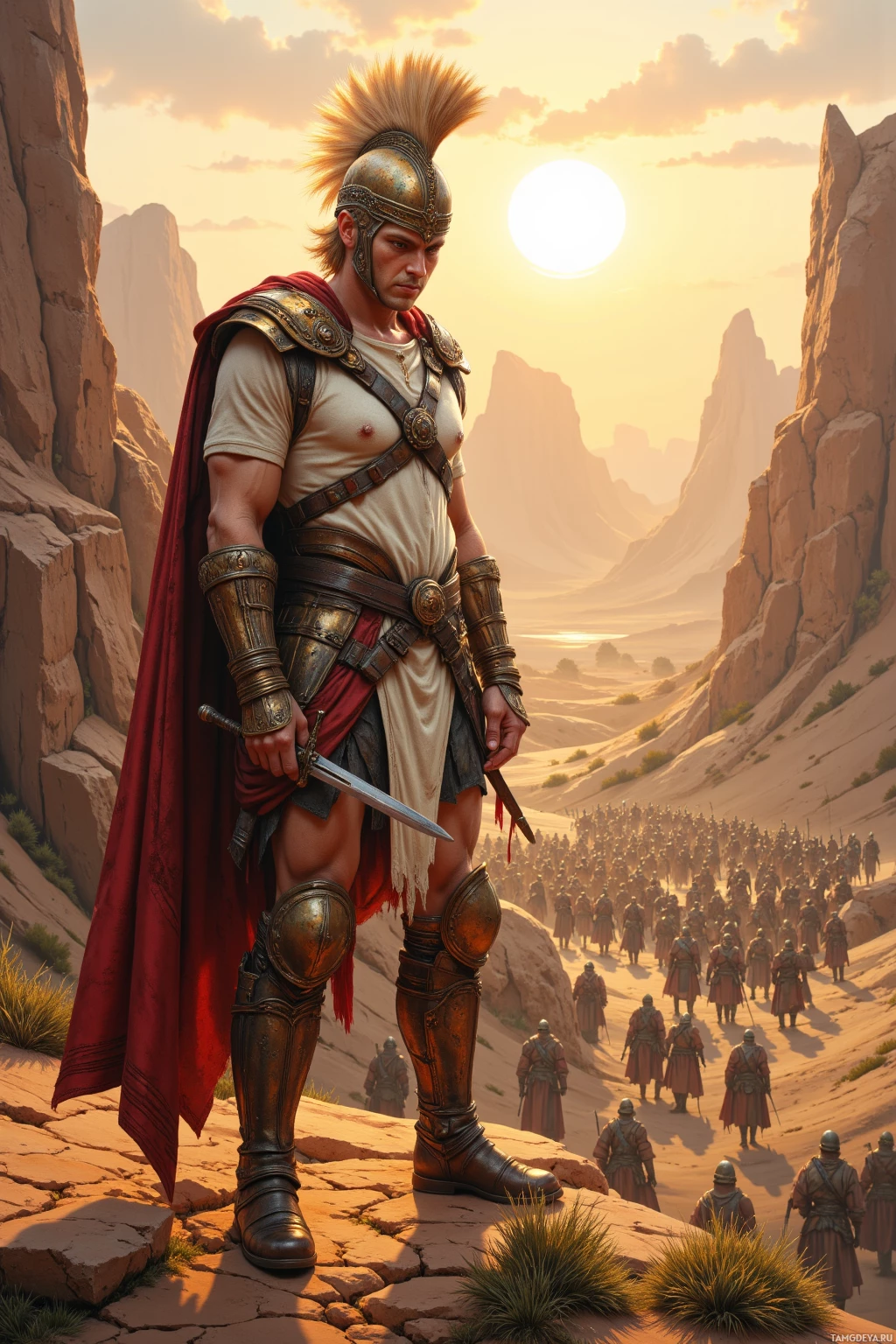 Realistic high quality photo. Tall, muscular 40‑year‑old commander with short blonde hair, piercing blue eyes, pale complexion and intense expression, wearing a bronze feathered helmet, leather armor over a white tunic, combat boots, sword and shield at his side, reviewing battle plans on a canyon rim at sunrise, surrounded by disciplined troops in formation below and cracked desert landscape bathed in dawn light.
