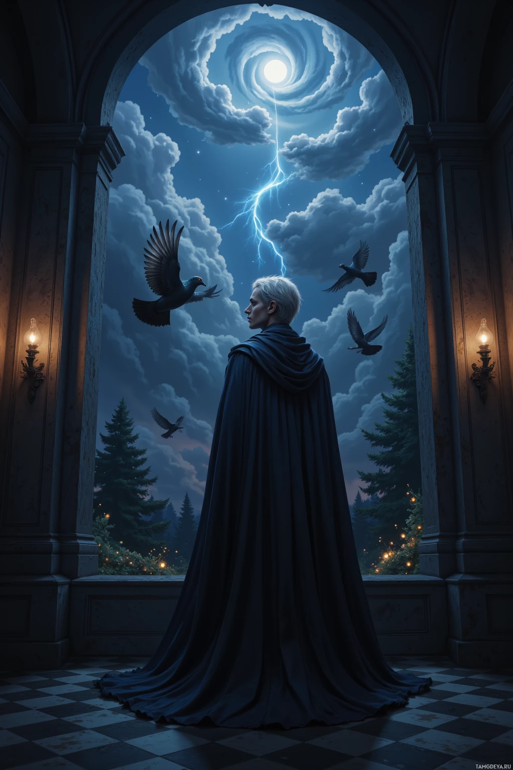 Realistic high quality photo. An enigmatic 34‑year‑old man with short silver hair, pale skin, piercing blue eyes, wearing a dark, flowing cloak that blends into a dimly lit hallway of a party, whispers to the night sky outside a window while a pigeon sits on a chessboard playing a knight piece, wind swirling around him as he remains a shadowy phantom.