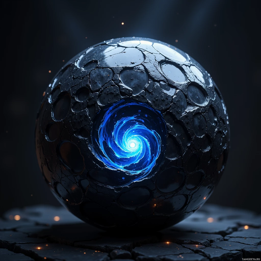 Semi-abstract image with many light, that is suitable for the post:  Obsidian fist‑sized orb, glossy liquid‑black surface that absorbs all light, etched with faint pulsing sigils, a subtle dark core glowing in deep midnight blue, matte black with swirling shadowed accents.