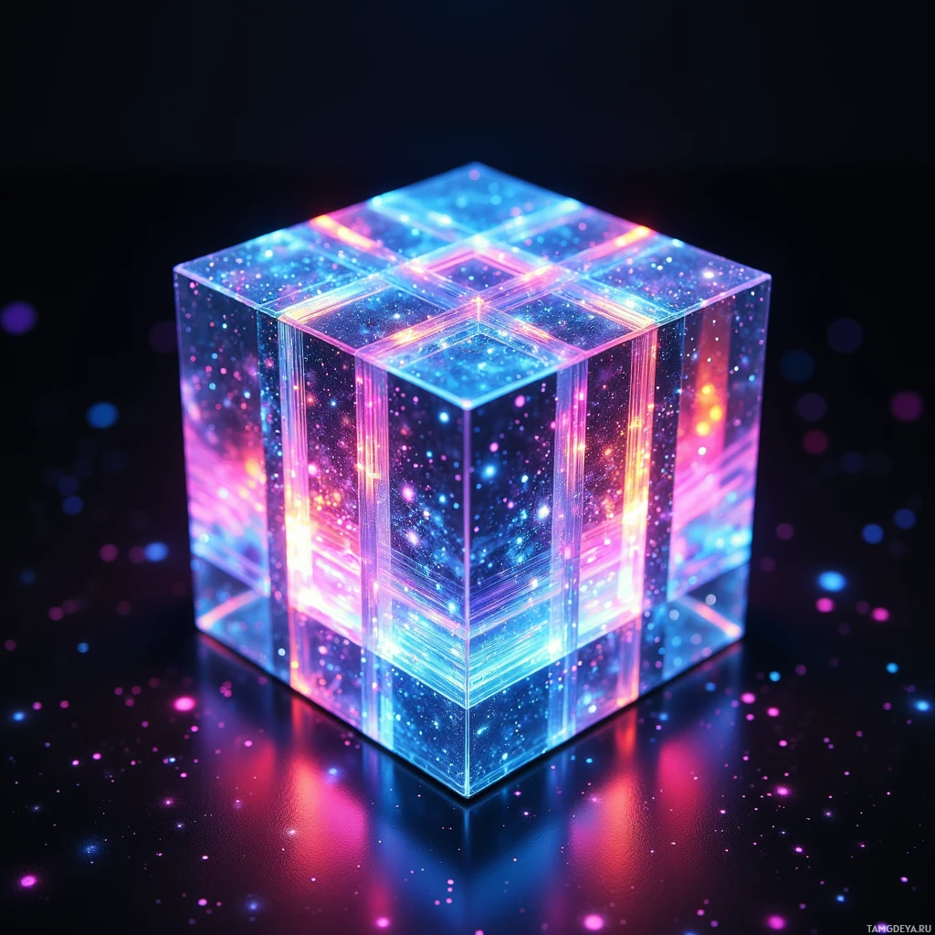 Semi-abstract image with many light, that is suitable for the post:  Tiny polished glass cube with an embedded LED matrix and micro‑lens array that refracts city neon into constantly shifting color gradients inside, sleek minimalist design, no moving parts, vibrant holographic light play.