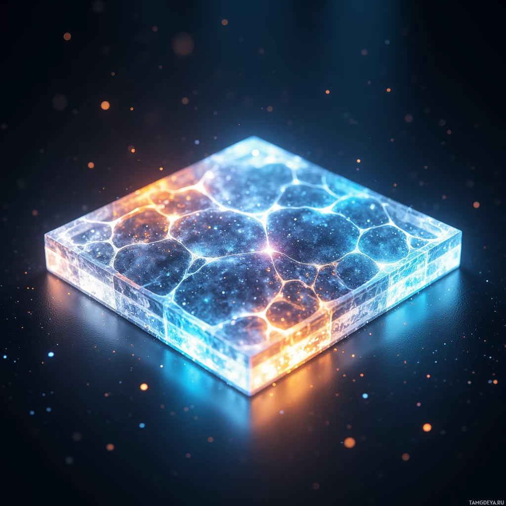 Semi-abstract image with many light, that is suitable for the post:  A translucent graphene display tablet, edges cut to a single 1 mm line, glass‑like ice surface, color shifts from cool blue to sharp amber, lightweight 15 grams, miniature screen showing live data, sleek minimalist design.