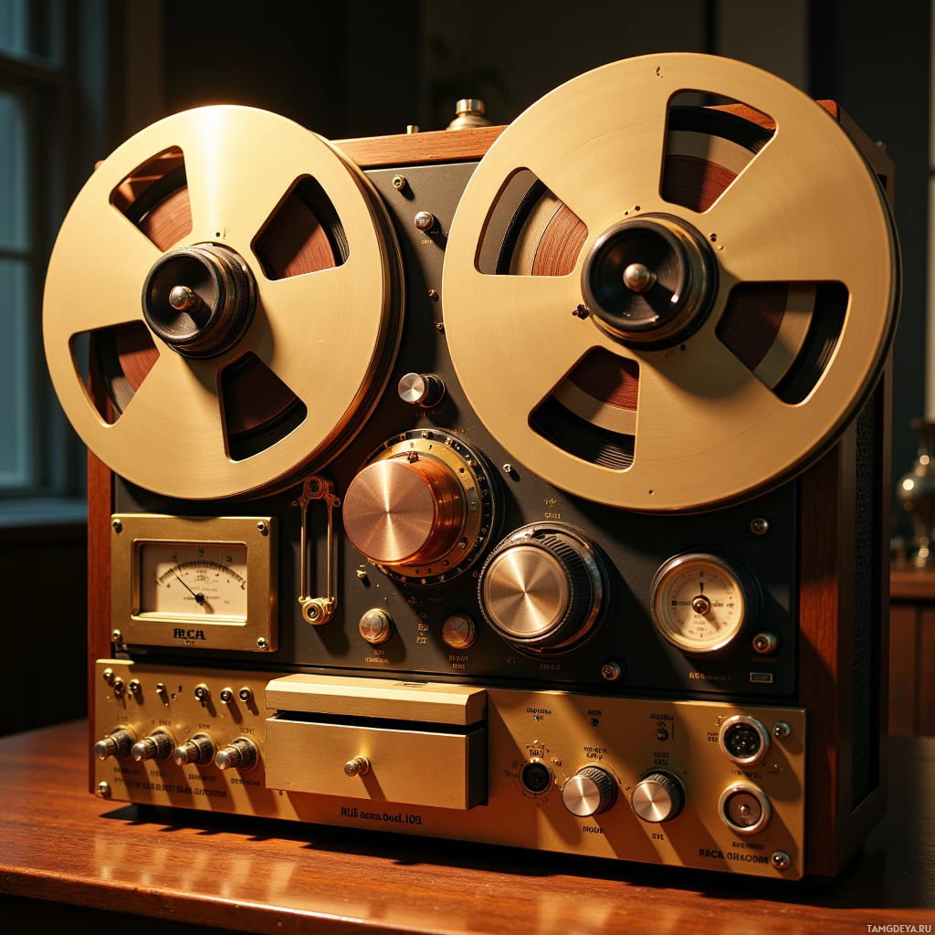 Semi-abstract image with many light, that is suitable for the post:  1974 RCA 88‑B reel‑to‑reel tape deck with polished brass chassis, gleaming copper‑plated head, manual focus dial controls, a tiny hidden drawer, and a vintage analog metronome, rendered in warm metallic tones and subtle nostalgic patina.