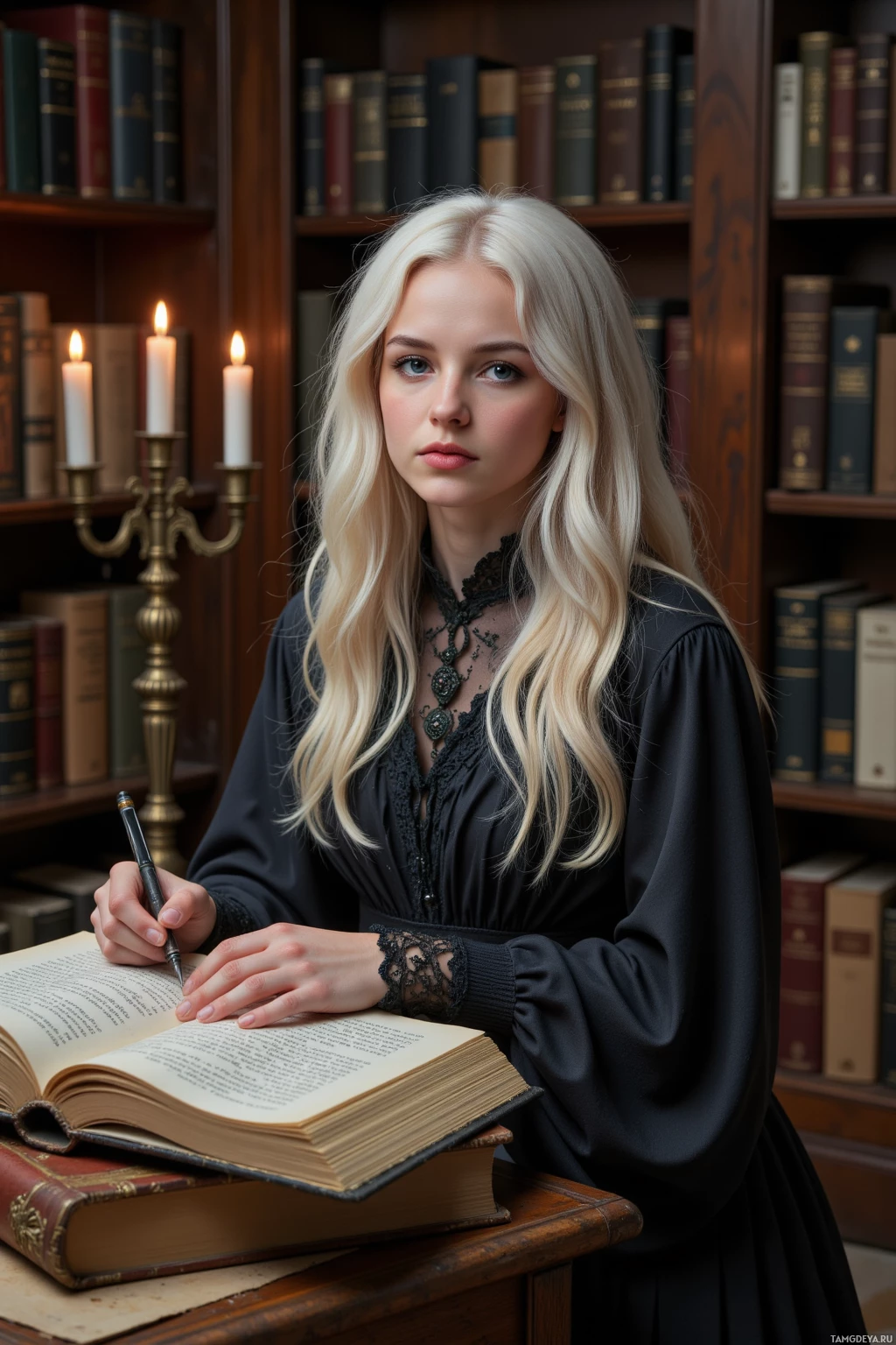 Realistic high quality photo. 28‑year‑old woman with long white curly hair, blue eyes, wearing a flowing black lace dress with layered fabric, perched on a stack of ancient manuscripts in a hushed amphitheatre‑like study, candlelight flickers casting crystalline shadows, she meticulously edits prose with a sharp pen amid the scent of wax and old ink.