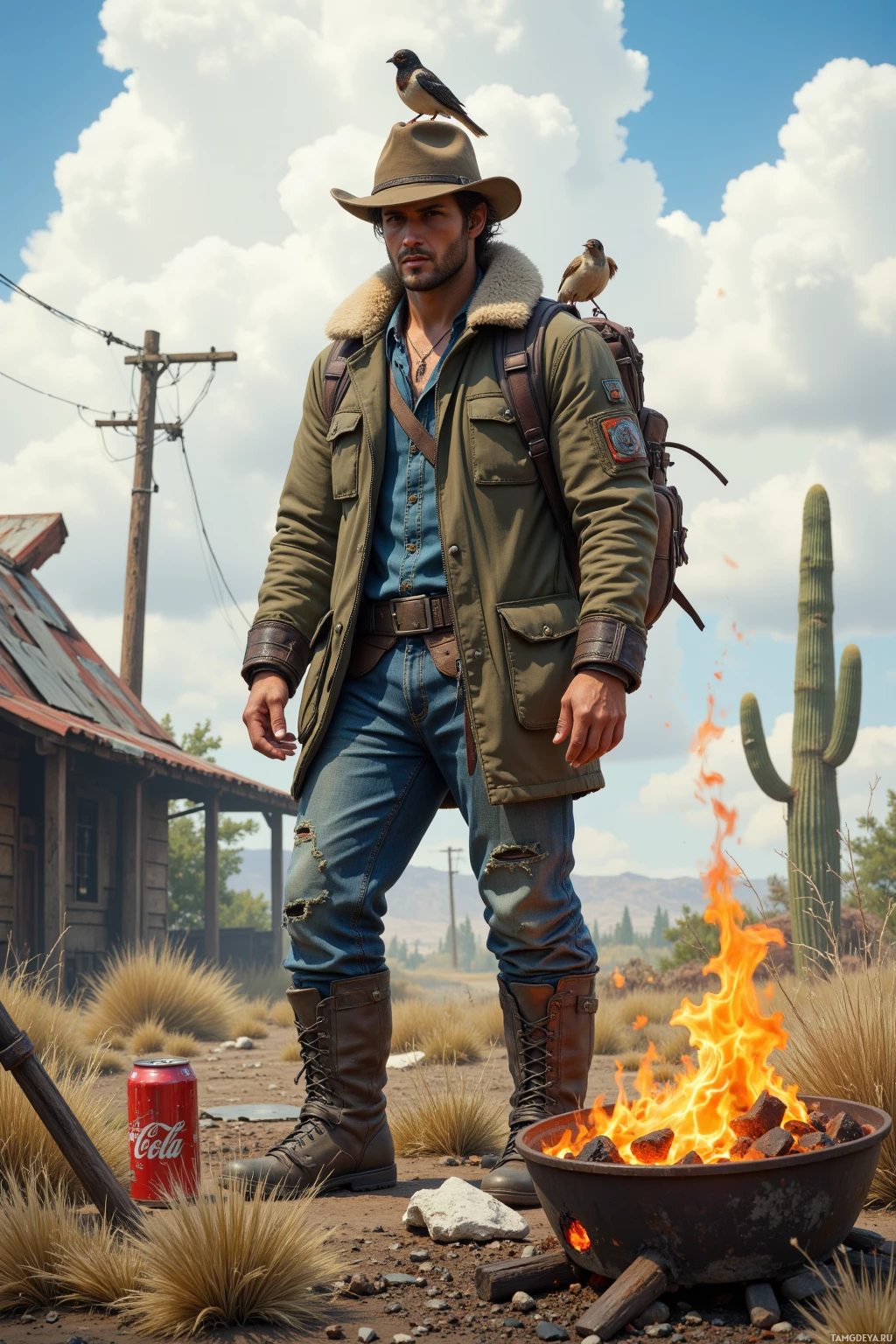 Realistic high quality photo. A rugged male survivor, 33, with tousled dark hair, brown eyes, sun‑kissed skin, wearing a fur‑lined rugged coat, sturdy boots, and a backpack, stands in a windblasted post‑apocalyptic field rebuilding a shelter from scavenged metal while a makeshift grill forged from a car door sparks beside him; a half‑cactus and a soda can float in the gust, and a sparrow perches on his hat.