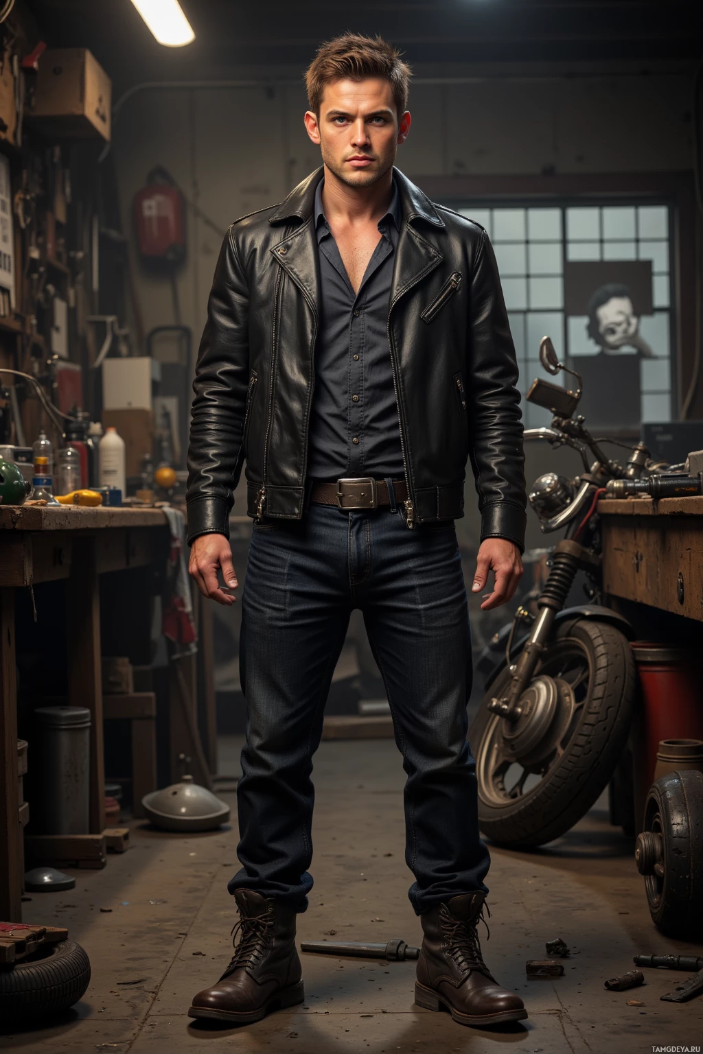 Realistic high quality photo. A 27-year-old man with short brown hair, piercing blue eyes, tanned skin, wearing a black leather jacket, dark jeans, and worn motorcycle boots, stands in a cluttered workshop holding a cracked timing belt over a motorcycle engine, surrounded by scattered tools and a single overhead bulb casting sharp shadows, his focused stance showing precision while a subtle rebellious grin hints at his impulsive streak.
