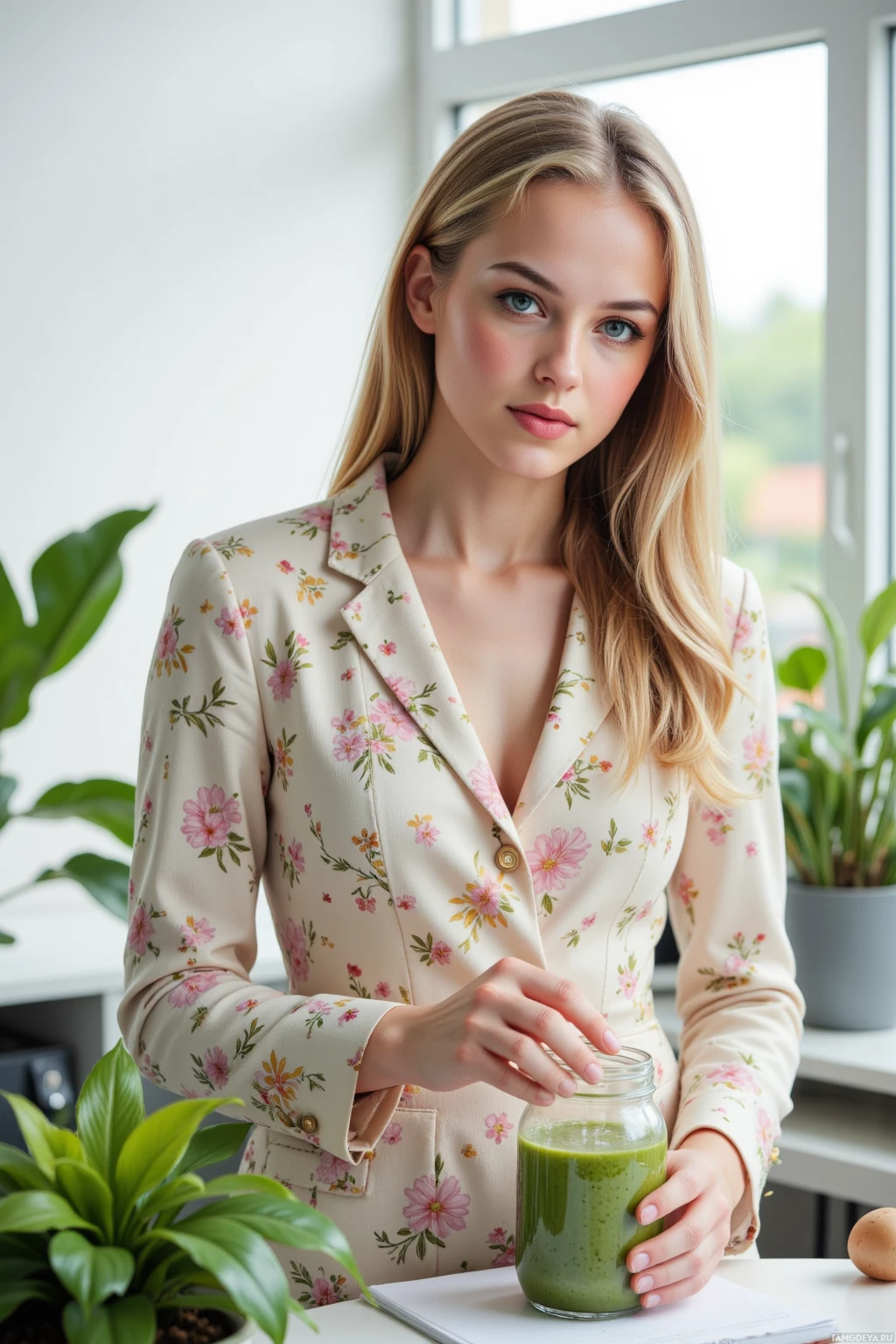 Realistic high quality photo. Woman, 28, long blonde hair, blue eyes, pale skin, wearing eco‑friendly elegant outfit with subtle floral patterns, high cheekbones, small nose, soft smile, standing in a bright modern office, arranging a tiny micro‑garden made of printer toner sheets and recycled staples on her desk, holding a clear jar of green compost smoothie, surrounded by desk plants shaped like paper files, natural light streaming through a window.