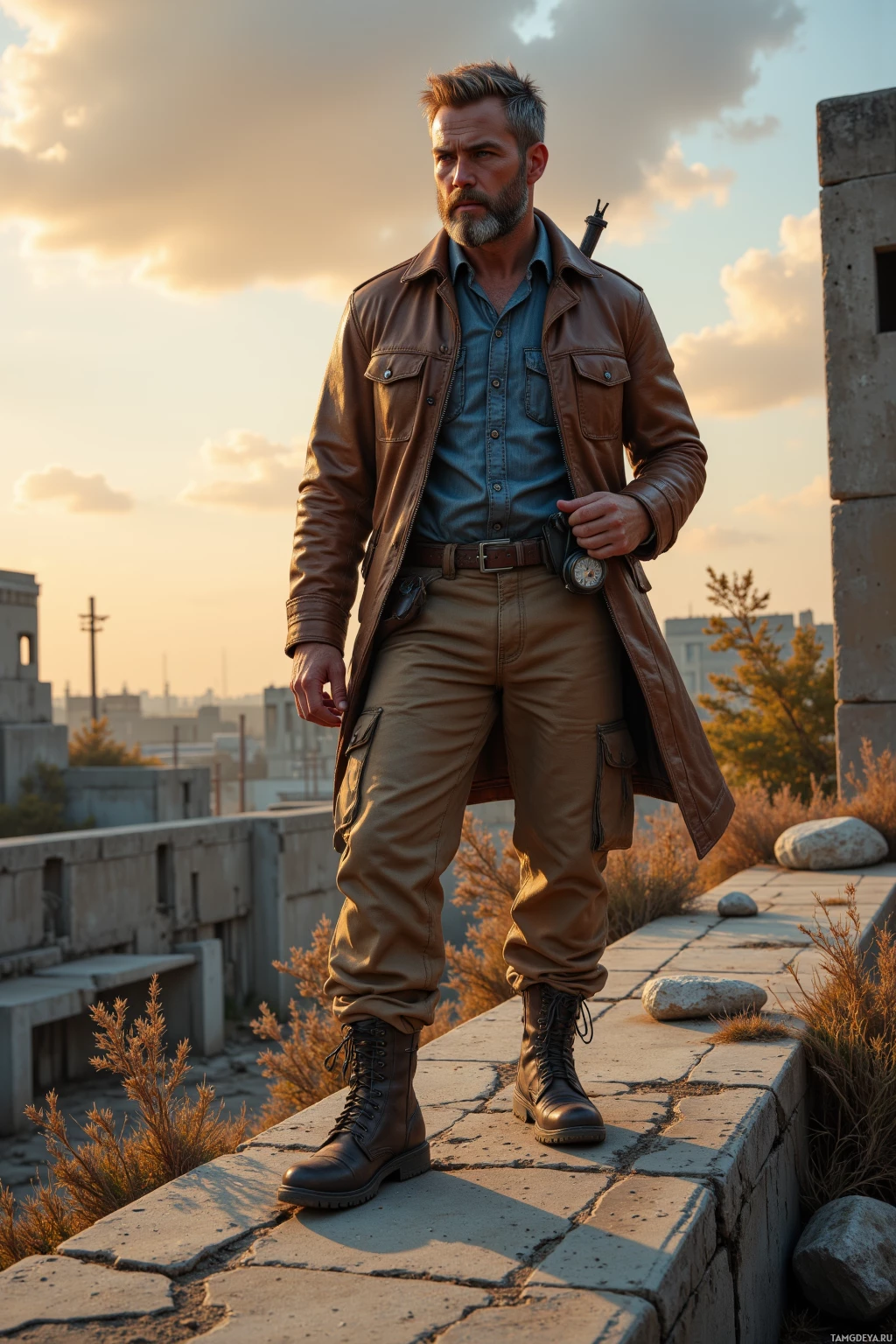 Realistic high quality photo. A 32‑year‑old gruff man with light brown hair streaked with silver, blue eyes, sunworn skin, wearing a weathered leather coat, khaki cargo pants, and thick‑soled boots, stands on a cracked concrete ledge in a post‑apocalyptic wasteland at dusk, holding a pocket watch and a ledger, measuring a ridge with a straightedge under a harsh sun glare while wind rattles broken concrete around him, preparing for the night.