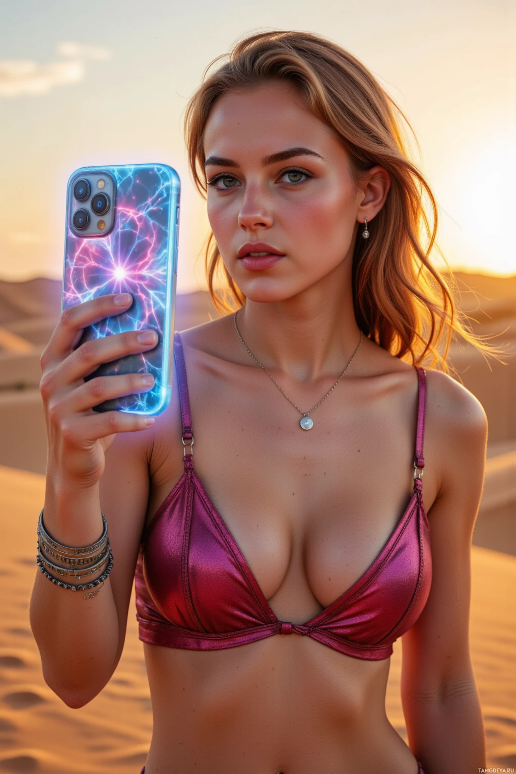Realistic high quality photo. Female, 22, chestnut hair in loose waves, bright blue eyes, fair skin, full lips, straight nose, wearing a bold, trendy outfit with chunky jewelry and a stylish handbag, standing on a desert dune at sunset, holding a smartphone for a selfie with a hologram glow surrounding the phone, vibrant and outgoing pose.