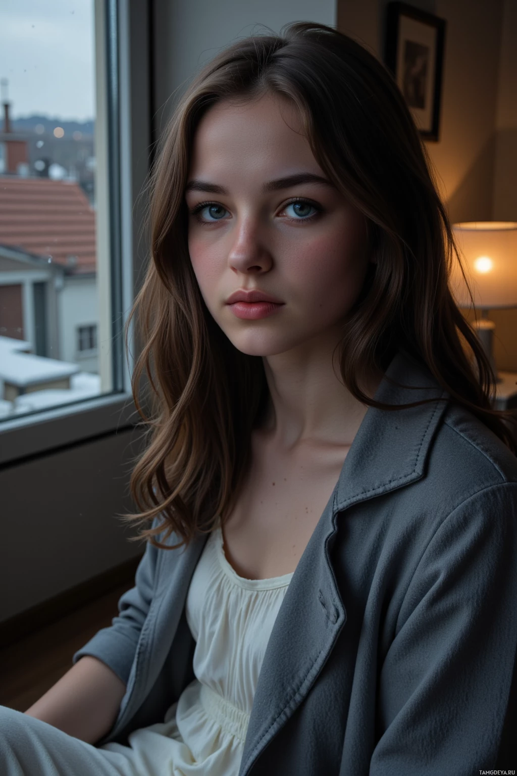 Realistic high quality photo. Female 29 with soft wavy dark hair, pale skin, piercing blue eyes, wearing a simple white dress under a gray coat, seated on a worn cushion in a small apartment, tracing rain droplets on the window glass at dusk, surrounded by muted interior light and a quiet melancholy.