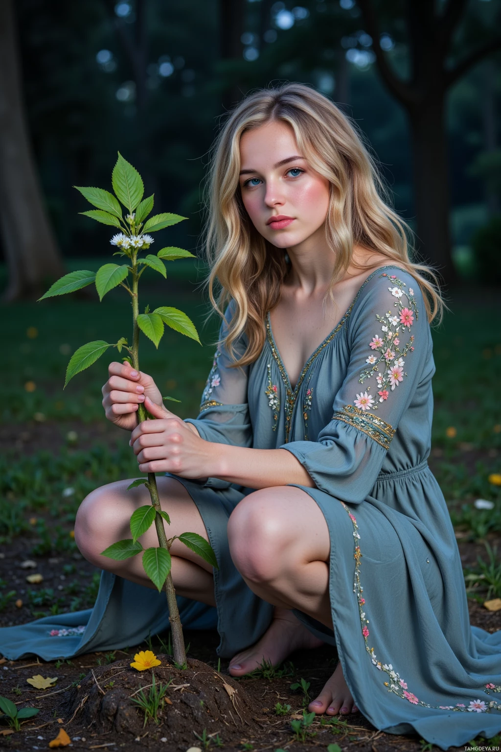 Realistic high quality photo. Female 29 with curly blonde hair, blue eyes, porcelain skin, wearing a flowy boho dress with intricate embroidery, kneels beside a young sapling in a moonlit garden at the edge of Silverwood, tracing bark and gently patting the soil as silver glow weaves through leaves and dew sparkles on petals.