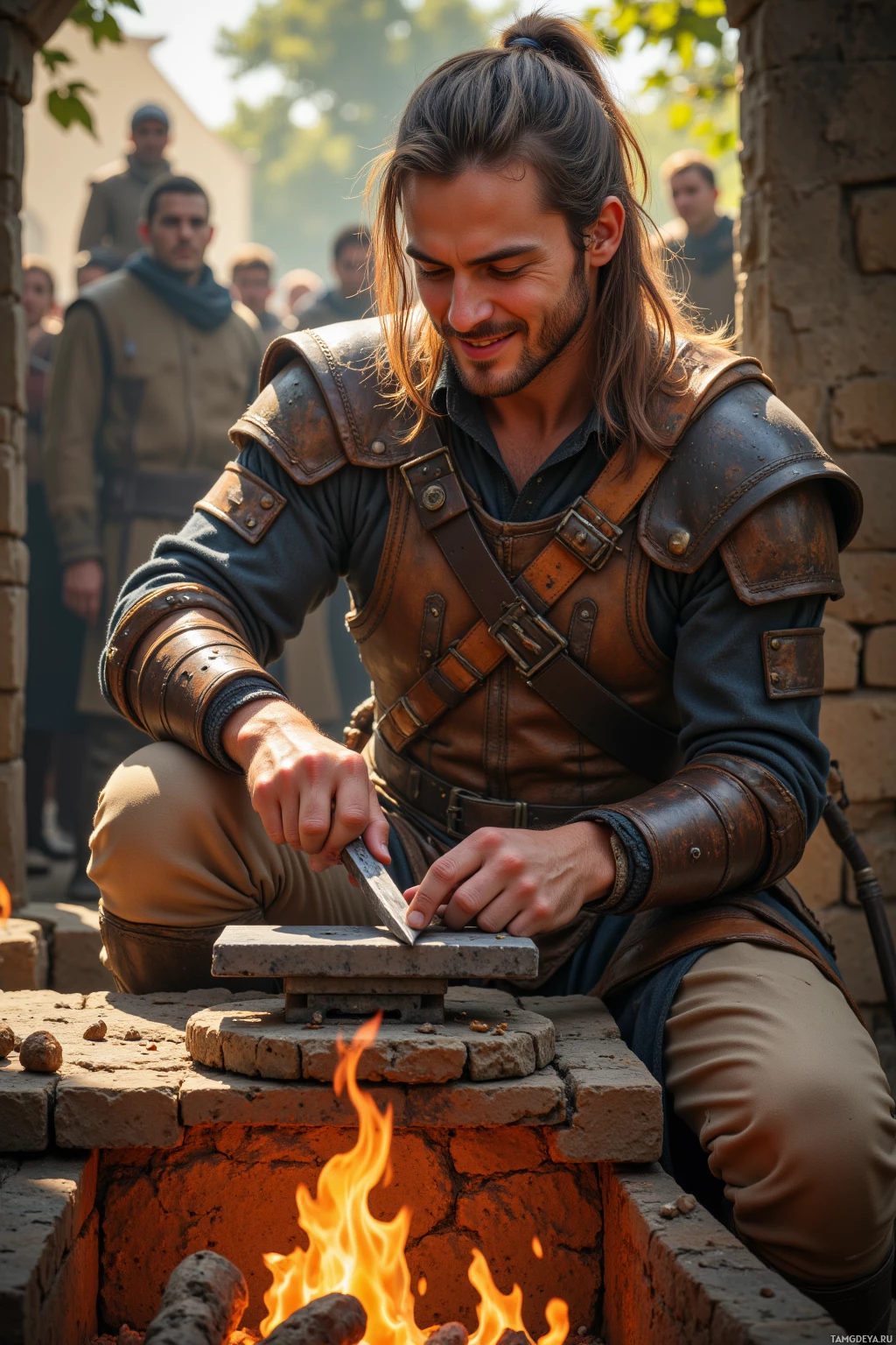 Realistic high quality photo. Male, 36, long light brown hair tied back, blue eyes, wearing a faded leather tunic with layered shoulder plates and dark beige trousers, sharpening a polished blade on a whetstone beside a forge with flickering fire, laughing with an old friend over a fire‑cooked loaf while debating trebuchet angles under warm afternoon sun.