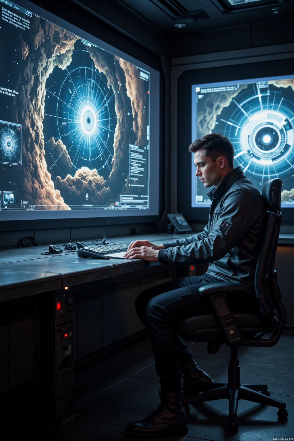 Realistic high quality photo. Male, 35, short black hair, sharp brown eyes, pale focused expression, wearing a dark‑gray techwear jacket, black cargo pants, lightweight boots, sits at a dimly lit command console in a high‑tech control room, monitoring a holographic map of encrypted constellations with shadowed breach ripples, night ambience of soft whirring cooling fans and metallic code glow.
