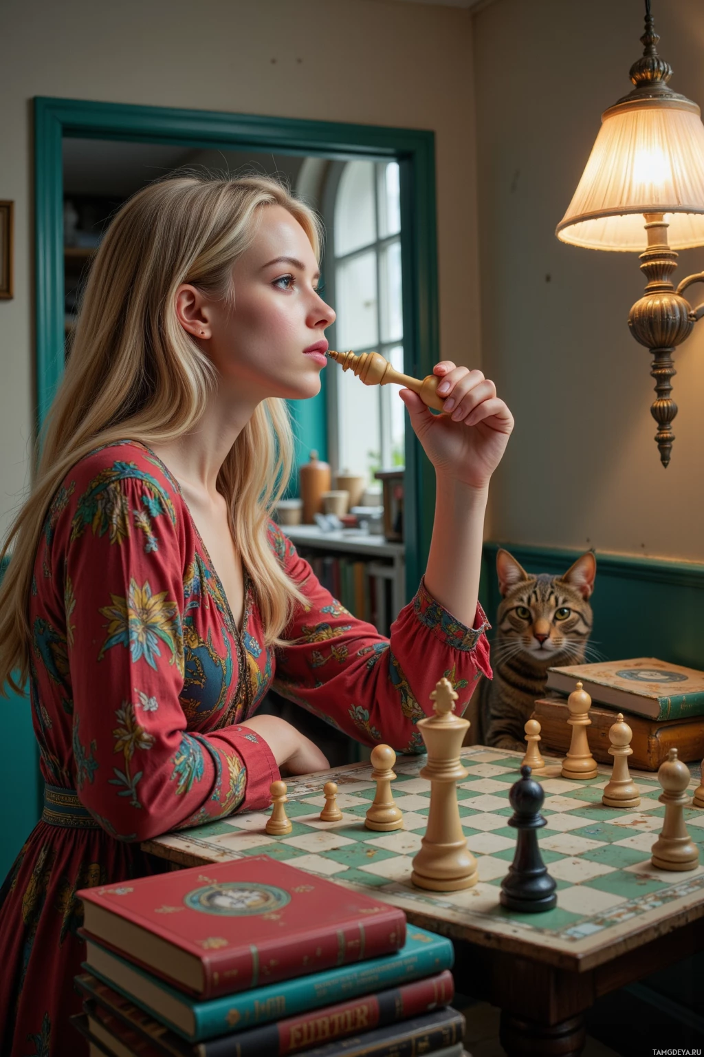 Realistic high quality photo. Female 33 with asymmetrical blonde hair, green eyes, pale skin, wearing an eclectic colorful bohemian dress, playing chess with her reflection in a reflective hallway, the queen piece raising a toast, a flickering streetlamp casting uneven light, a neighbor's cat nodding, and a stack of forgotten puzzle books beside her.