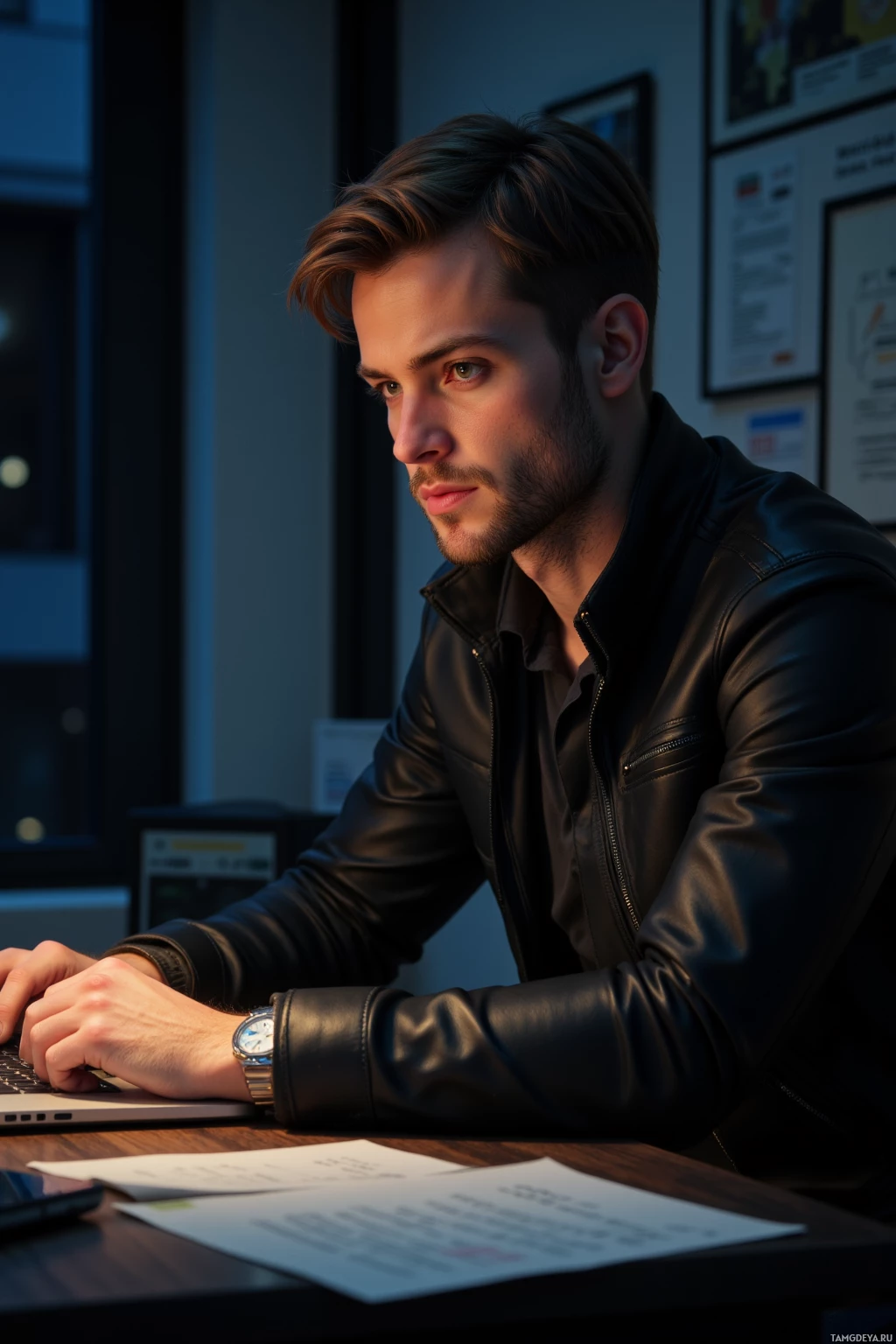 Realistic high quality photo. A 31‑year‑old man with short light brown hair, blue eyes, fair skin, wearing a sleek jacket and trendy jeans, sitting at a dimly lit office desk with a laptop and paper notes, thoughtfully planning a project at night, his posture calm and focused.