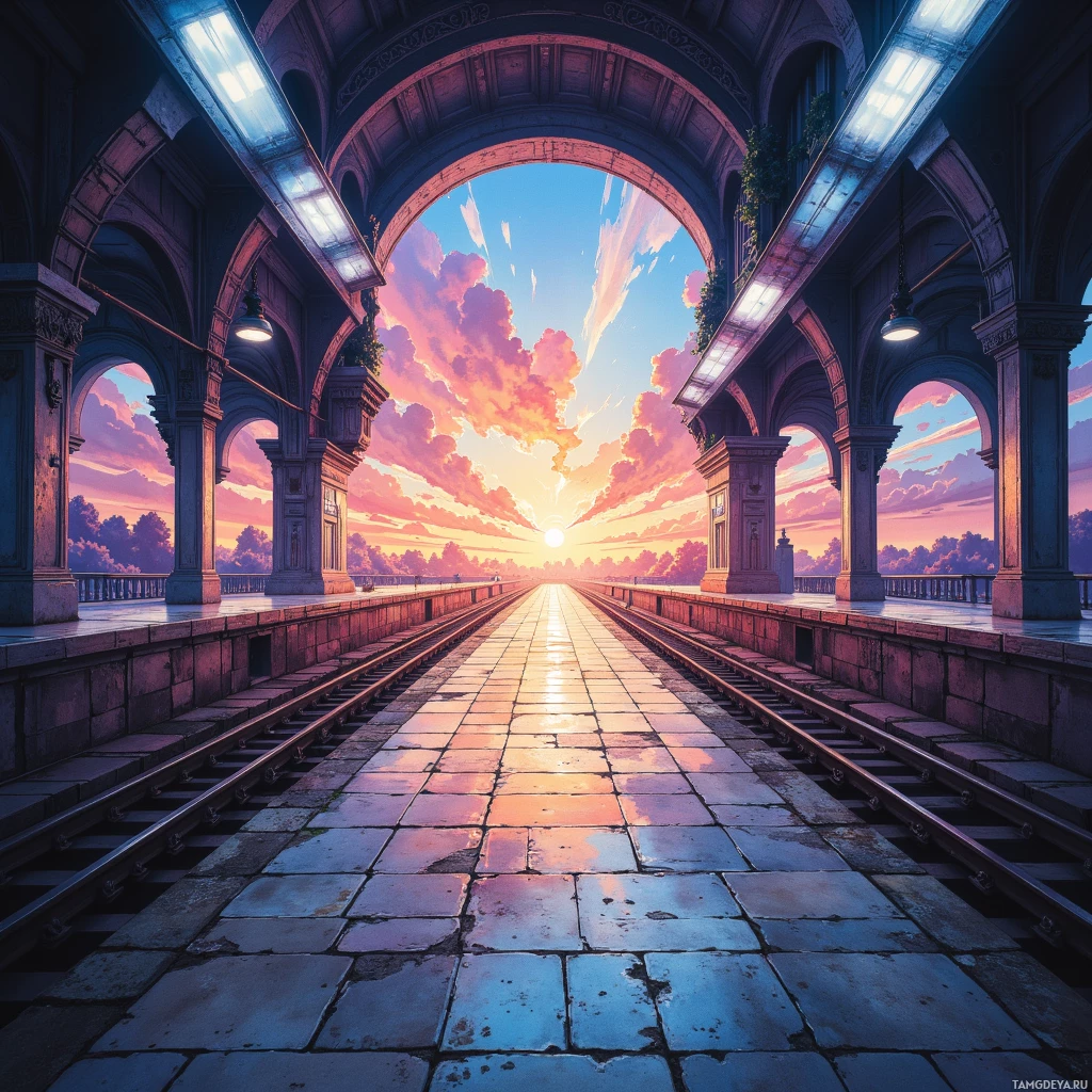 Semi-abstract image with many empty light space at center of beautiful background, that is suitable for the post:  The mind is a train platform; arrivals never stop, yet every destination feels like a missed platform.