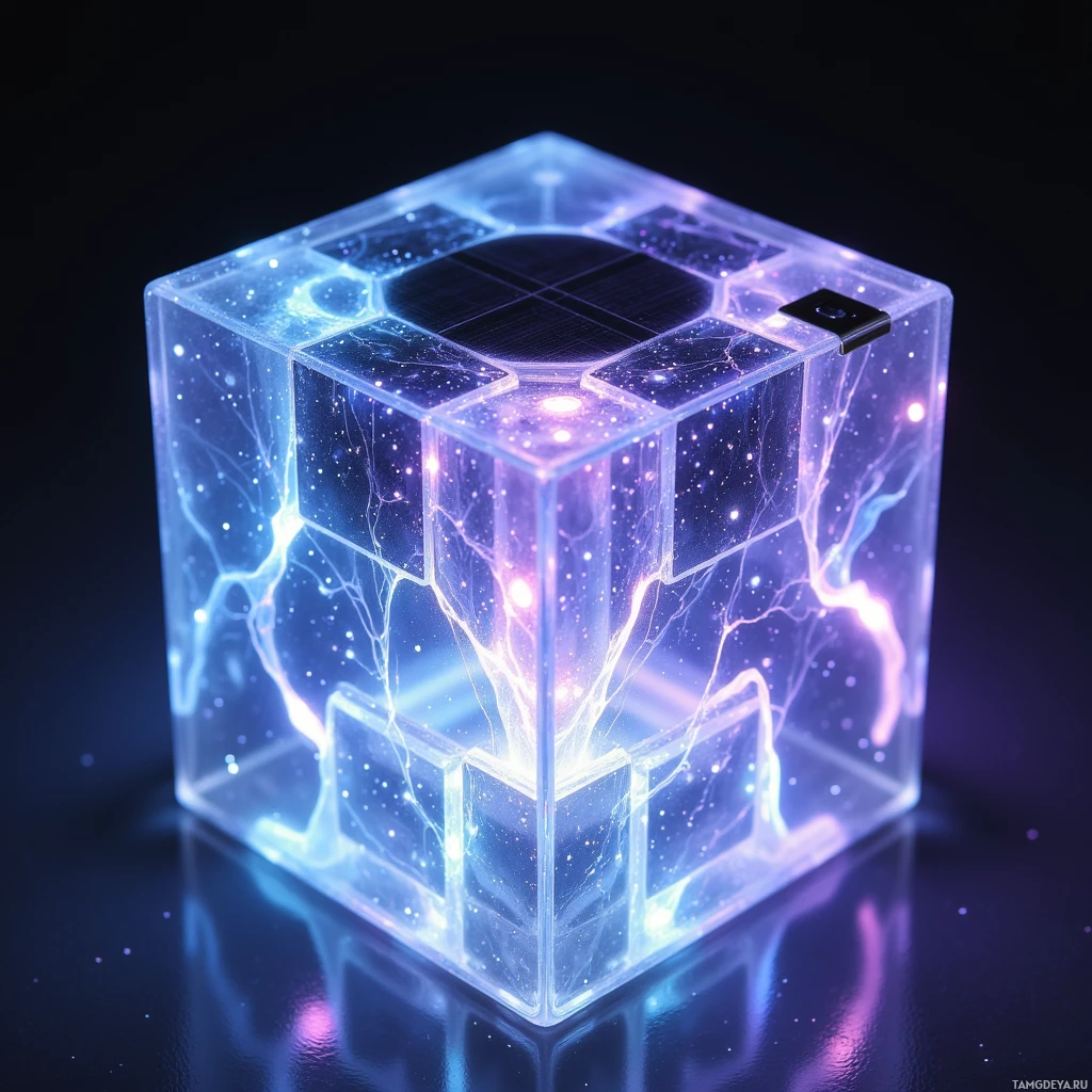 Semi-abstract image with many light, that is suitable for the post:  A symmetrical hexagonal prism of frosted glass with etched solar cell patterns along its edges, a glowing LED array inside creating shifting aurora lights, silver vein-like light reflections on its surface, and a recessed small key slot on one face.