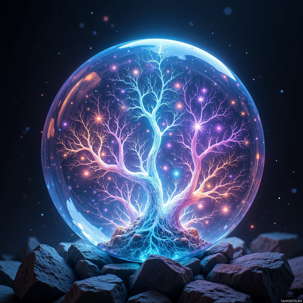 Semi-abstract image with many light, that is suitable for the post:  Translucent crystal sphere the size of a grapefruit, glowing with delicate bioluminescent filaments pulsing in sync with a heartbeat, interior revealing a subtle adaptive neural lattice in soft pastel hues.