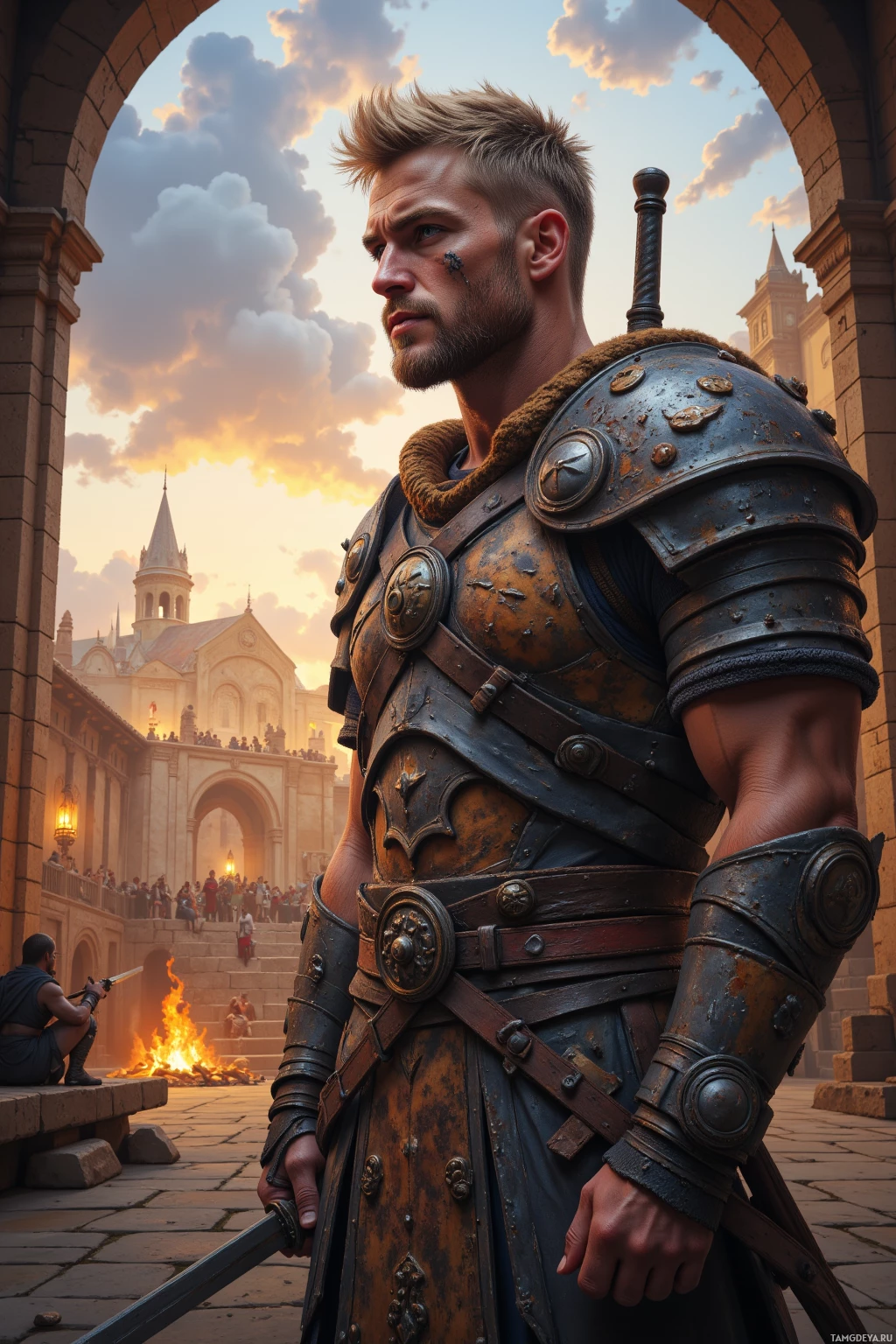 Realistic high quality photo. A tall, muscular 35‑year‑old male warrior with tousled blonde hair, piercing blue eyes, pale skin, a war‑painted face, wearing rugged battle‑worn armor with tribal symbols, stands on a sunlit training ground at dusk watching his clan’s blades flash as they practice maneuvers, then steps into a stone great hall where a crackling hearth glows, roast meat sizzles, and clan members laugh and share stories, the warrior listening and teaching tactics amid rustic wooden benches and banners.