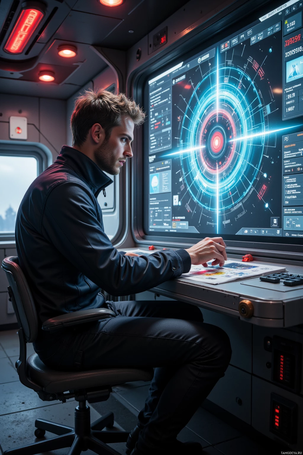 Realistic high quality photo. Tall male, 34, short curly light brown hair, piercing grey eyes, wearing a sleek futuristic jacket and dark trousers, seated at a quantum core control panel inside a low‑orbit star‑tracker station, methodically refining an algorithm while red warning lights flicker and the quiet hum of the star‑tracker surrounds him.