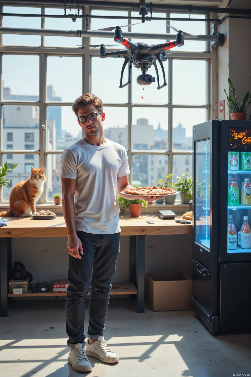 Realistic high quality photo. A 27‑year‑old male with short dark blonde hair, bright blue eyes, wearing sleek glasses, a plain white t‑shirt, dark jeans and sneakers, standing in a sleek loft with a rooftop garden visible through a glass window, piloting a small drone that mistakenly drops a pizza onto a neighbor’s cat perched on a balcony rail, while a quantum battery prototype stuck in a loop sits on a workbench, an energy drink dispenser with glowing indicators looks alarmed, and a USB stick inside a refrigerator holds a glowing schematic, midday light filtering through the window.