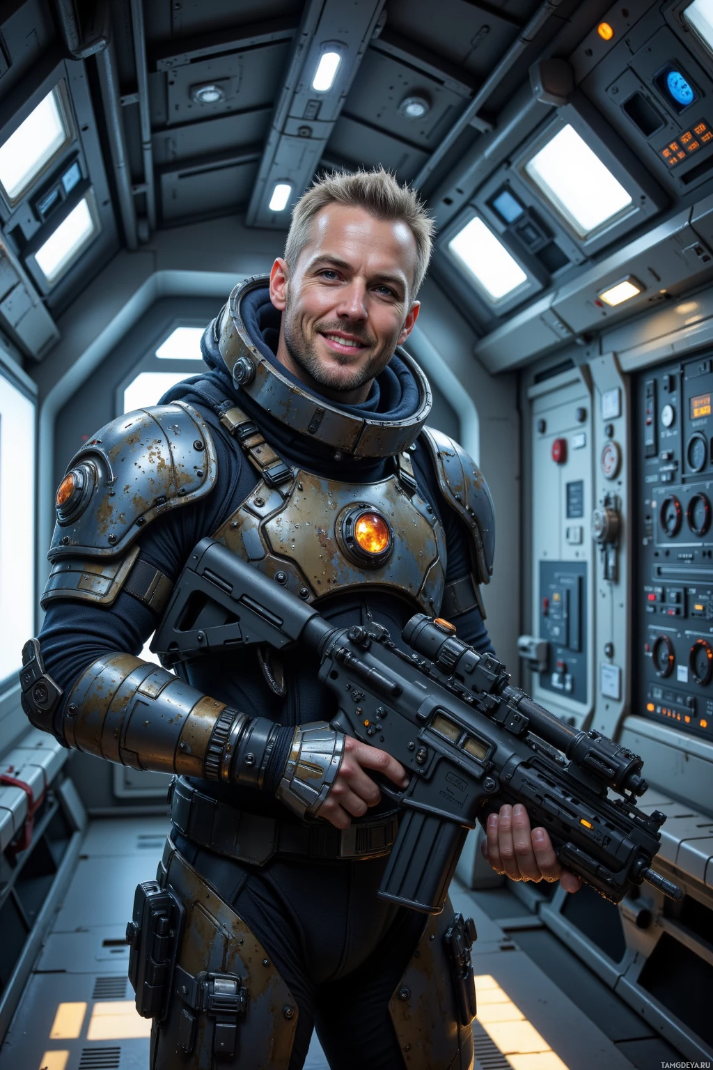 Realistic high quality photo. Inside a sleek futuristic spaceship maintenance bay, a battle-hardened veteran, male, 36, salt‑and‑pepper hair, piercing blue eyes, wearing a rugged high‑tech tactical suit, dusts a pulse rifle while grinning, repairing a hull leak with a high‑tech patch kit among gleaming metal panels and advanced control panels.