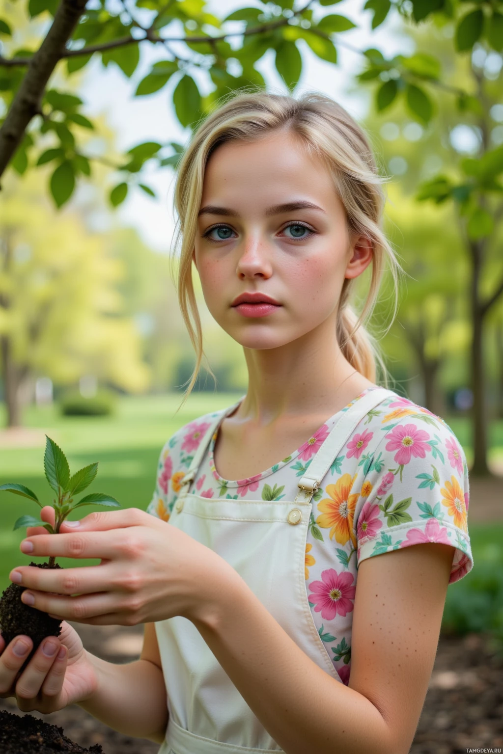 Realistic high quality photo. A young woman with soft blonde hair in a loose ponytail, bright blue eyes, fair skin speckled with freckles, wearing a pastel floral dress and a simple white apron, standing beneath a dense early spring canopy of green trees, gently placing a seed into the moist soil as soft morning light filters through leaves, exuding optimism and nurturing warmth.