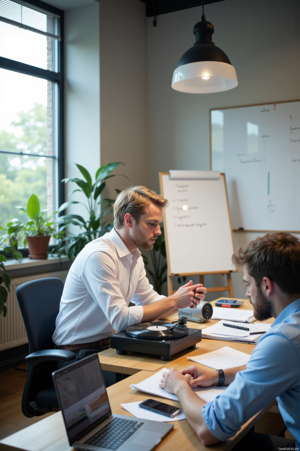 Realistic high quality photo. Male, 29, short blonde hair, blue eyes, pale skin, wearing a crisp white dress shirt and dark gray trousers, seated at a modern office desk with a turntable playing a rare vinyl, intently listening while a colleague works on a laptop, surrounded by a whiteboard, stack of project documents, a single desk lamp, and midday light streaming through a window, conveying calm focus and balanced teamwork.