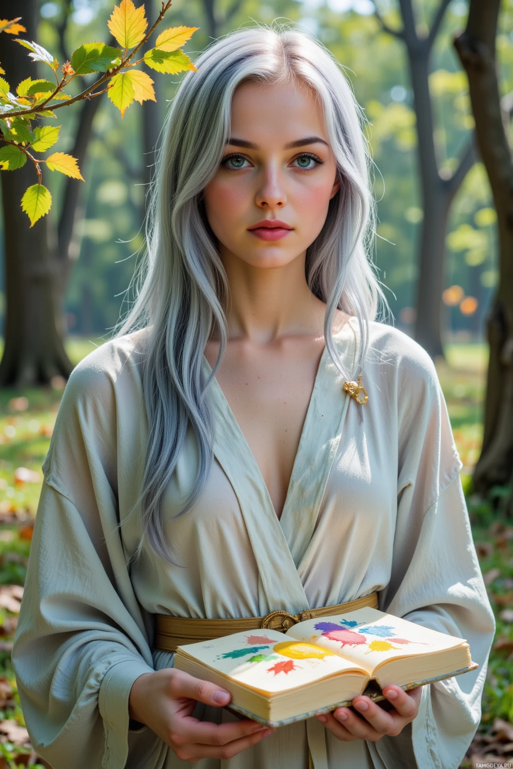 Realistic high quality photo. Female, 26, long silvery‑blue hair, soft blue eyes, pale skin, wearing flowing ethereal robes, standing in a sun‑dappled forest clearing, sketchbook fluttering in a playful breeze among amber‑scented leaves, whispering to rustling trees, serene and whimsical.